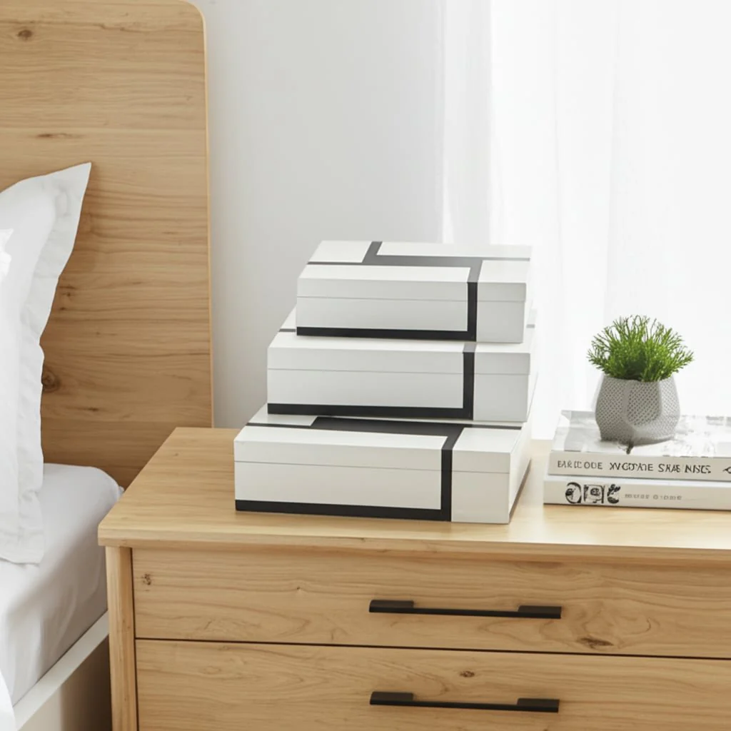 S/3 10/11/12" Bold Lines Design Boxes, White/black - Image 10