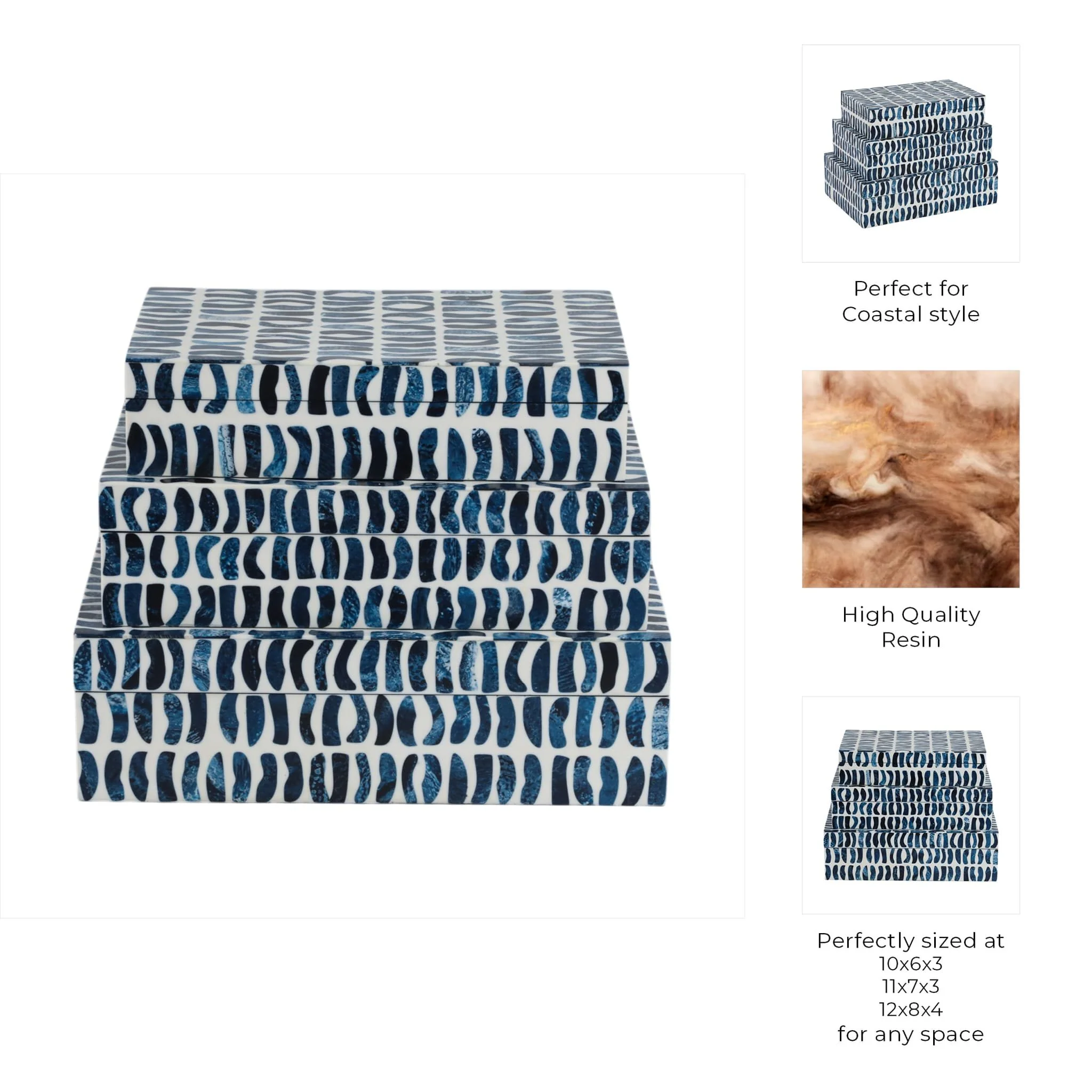 S/3 10/11/12" Boxes With Inlay Pieces, Blue/white - Image 8