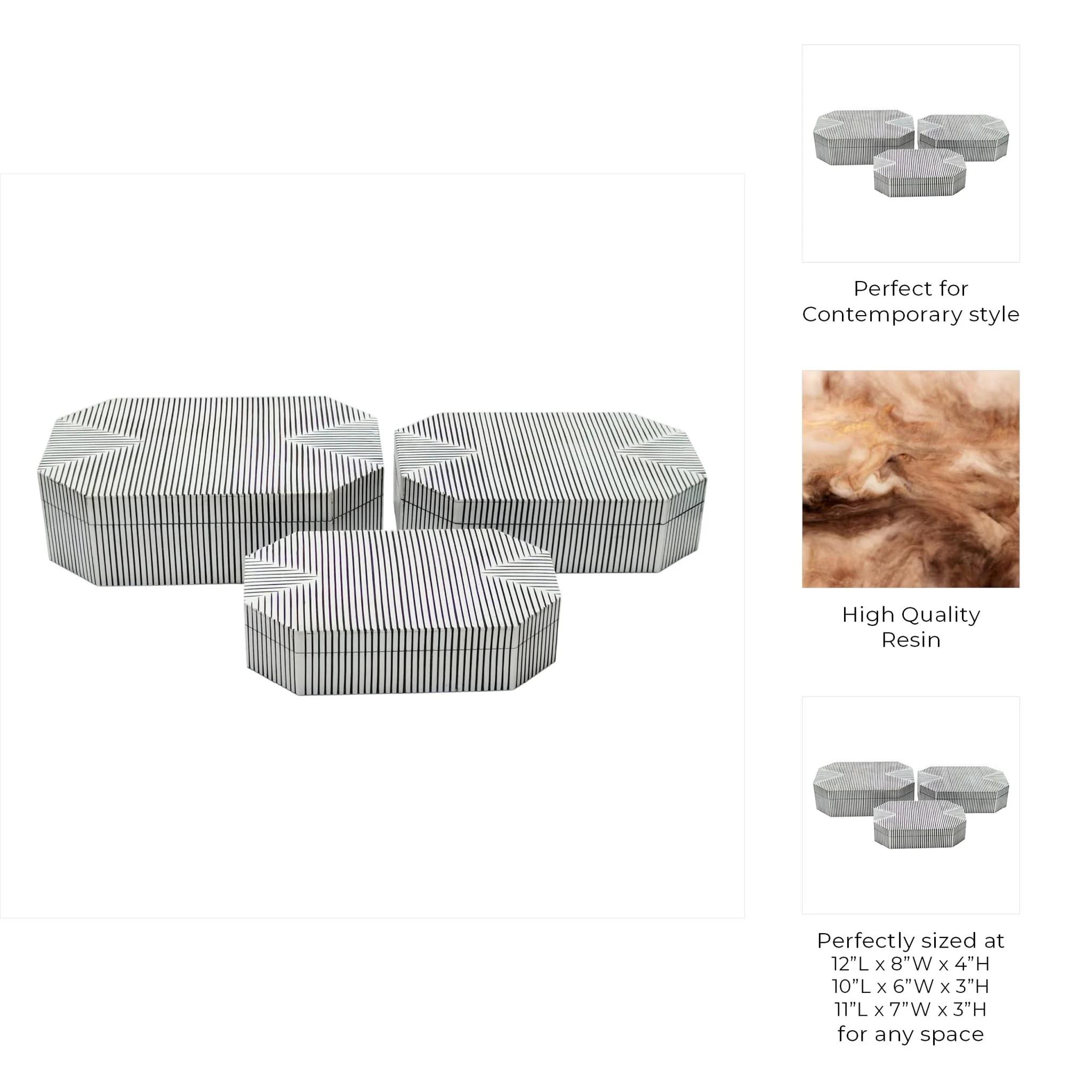 S/3 10/11/12" Grooved Octagon Boxes, White
