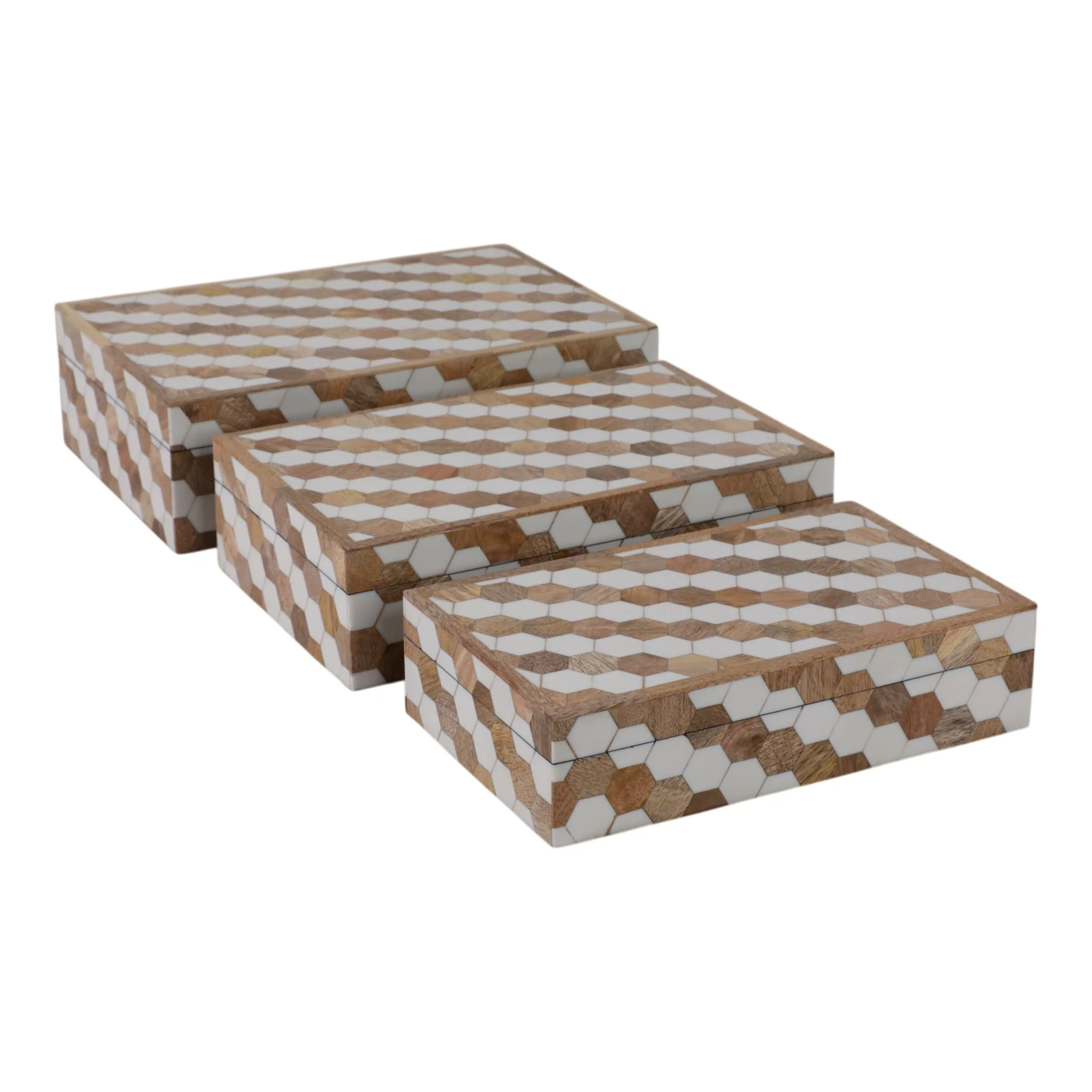 S/3 10/11/12" Hexagon Inlay Boxes, White