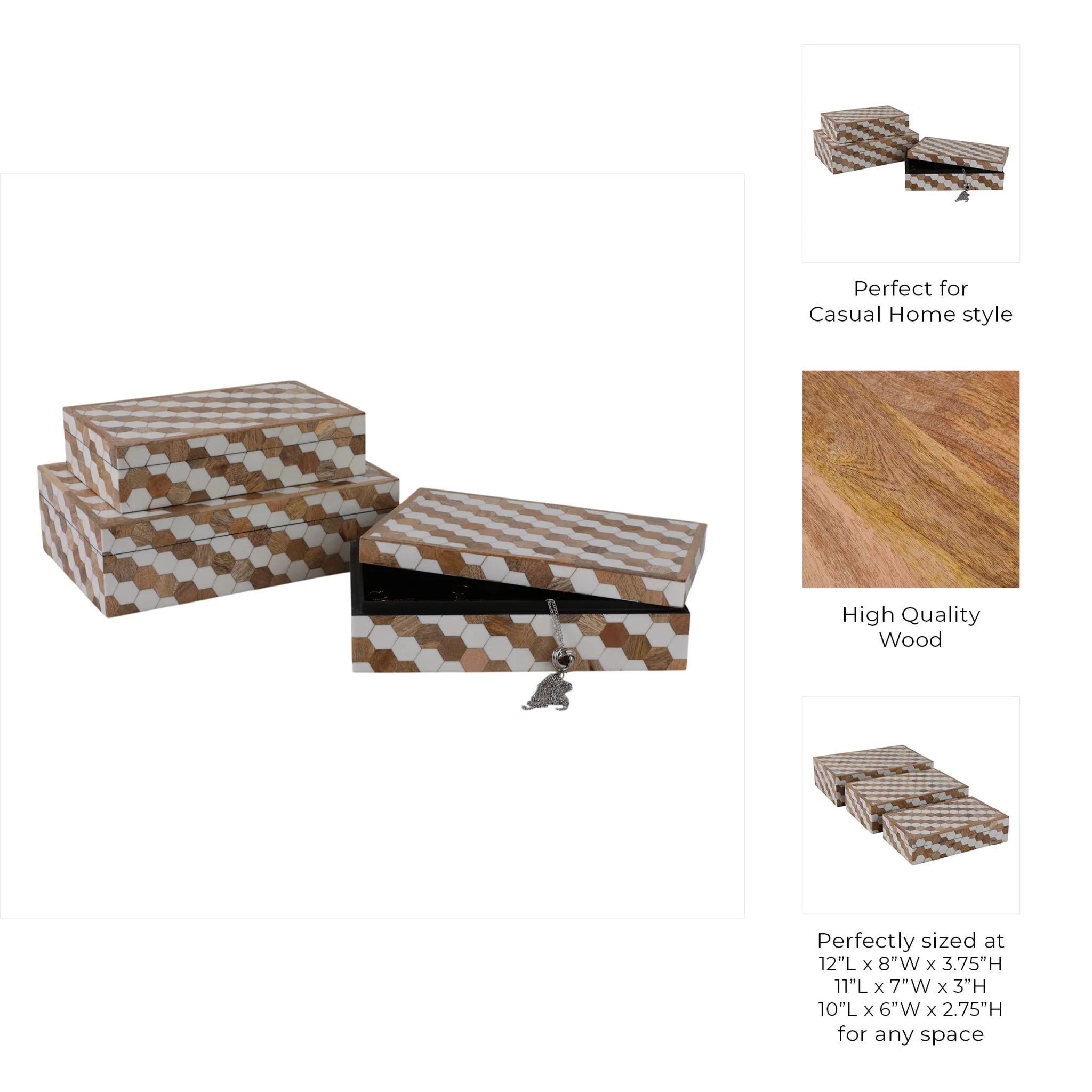 S/3 10/11/12" Hexagon Inlay Boxes, White - Image 9