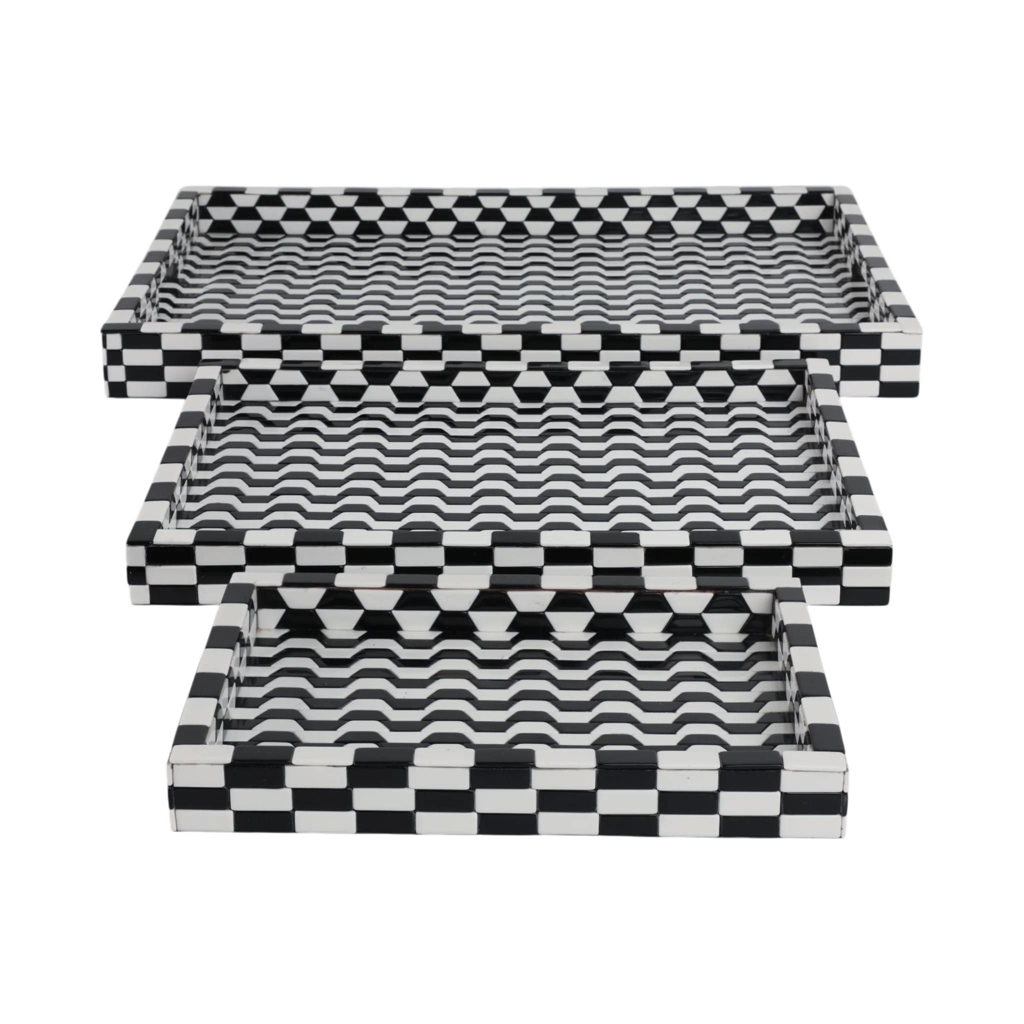 S/3 13/18/24" Geo 3d Resin Trays, Black/white