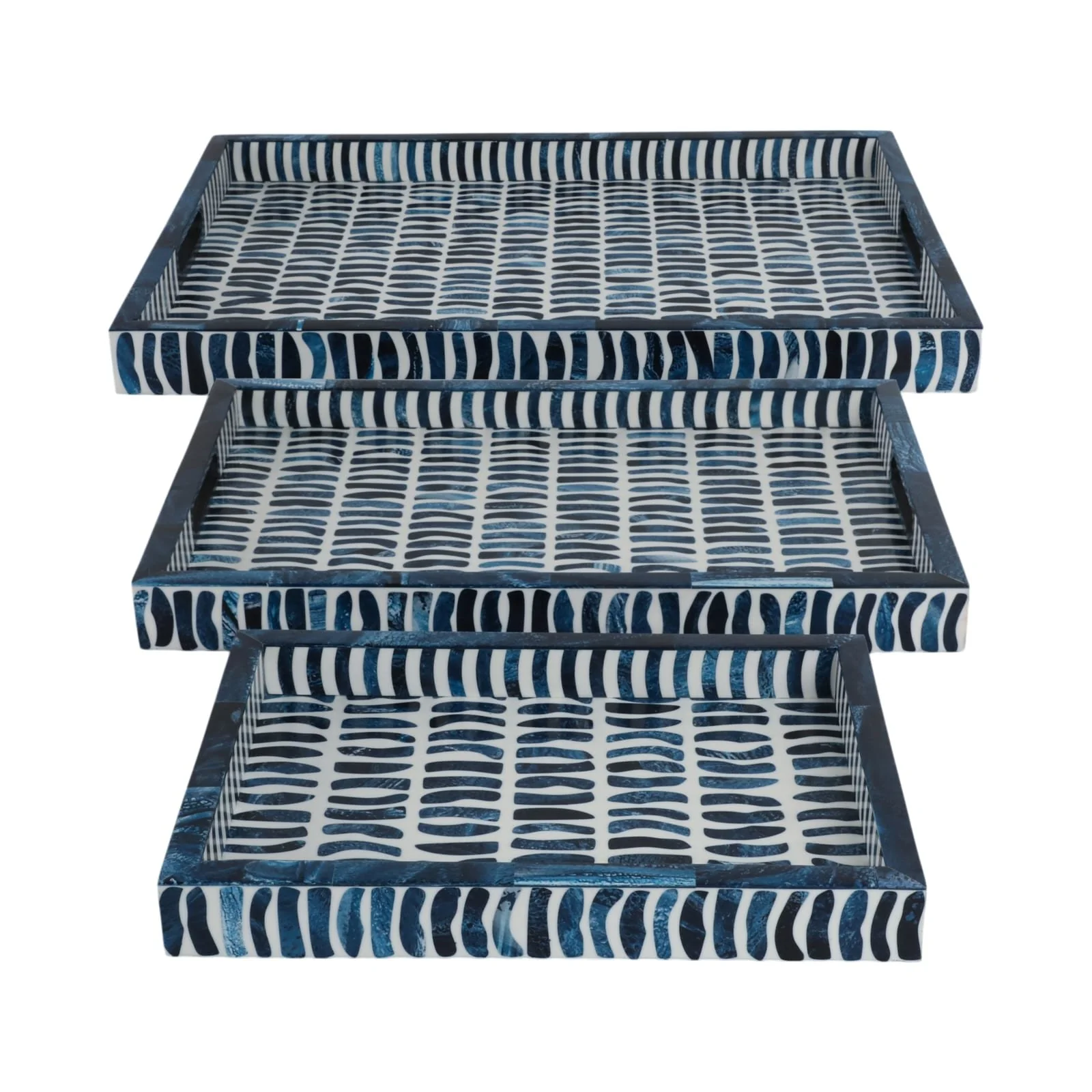 S/3 13/18/24" Trays With Inlay Pieces, Blue/white
