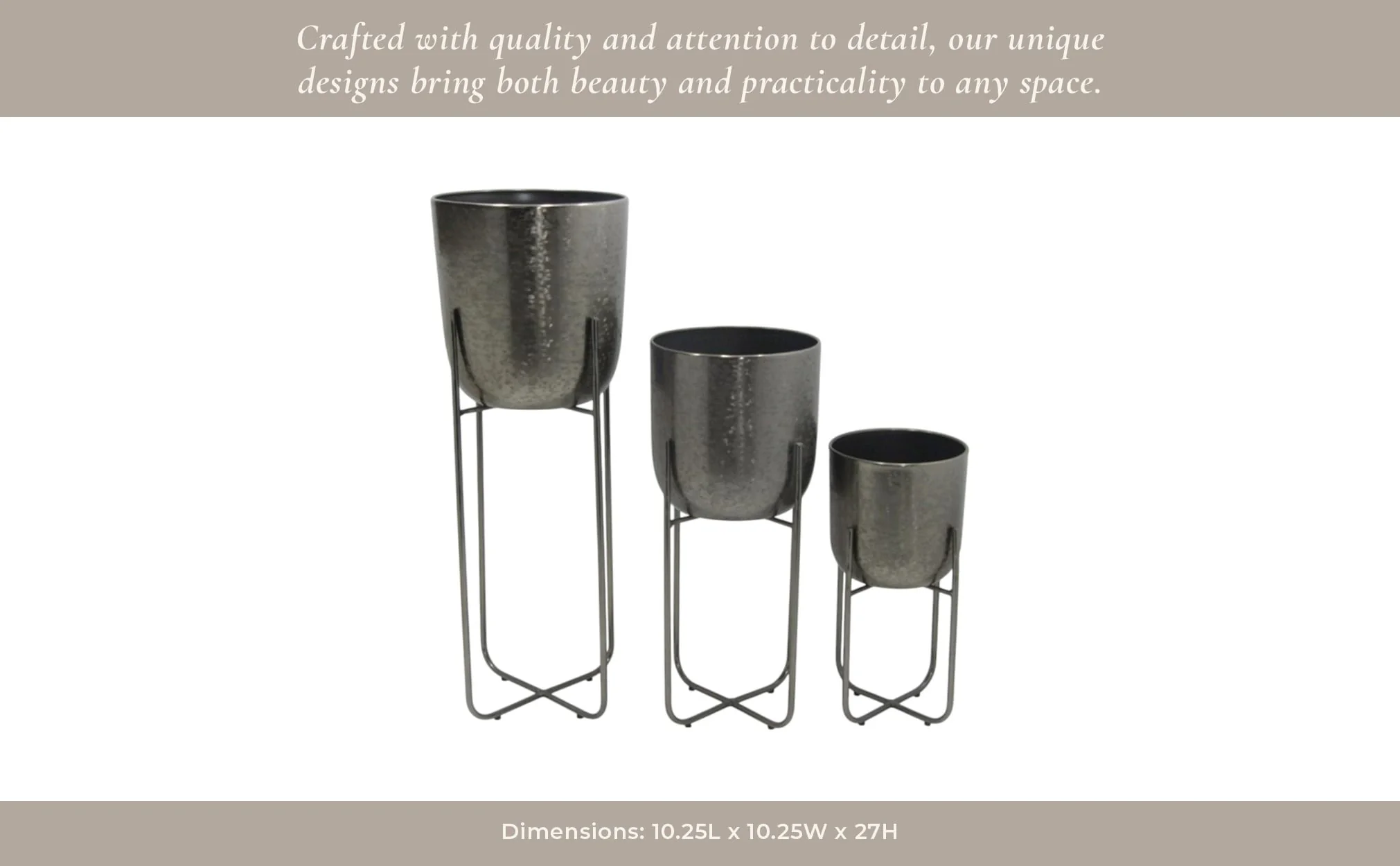 S/3 15/20/27" Etched Metal Planter On Stand, Black - Image 11