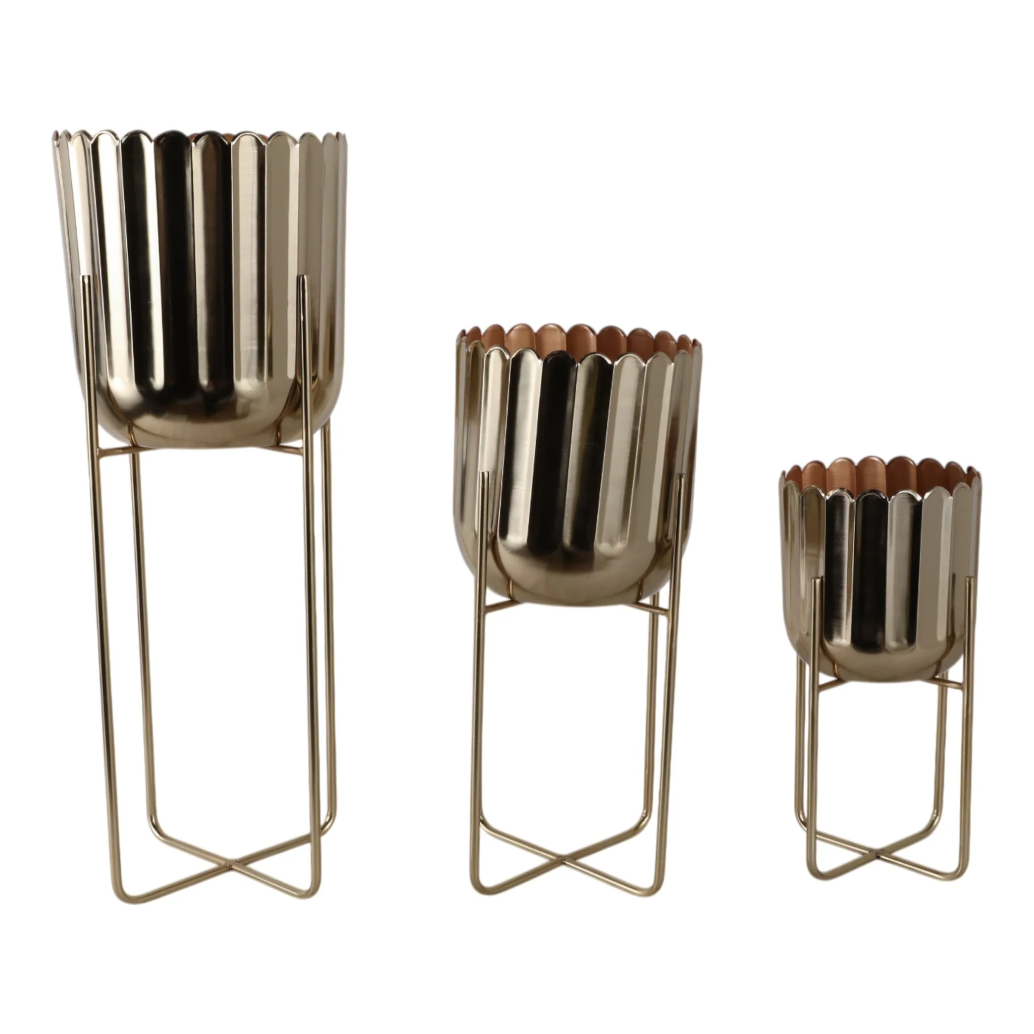 S/3 15/20/27" Scallop Metal Planter On Stand, Gold - Image 4