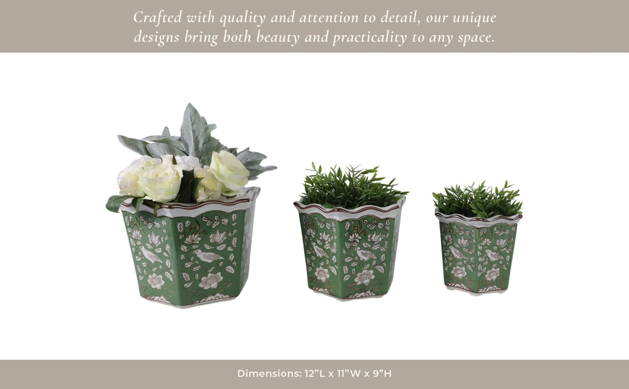 S/3 8/10/12" Chinoiserie Bird Planters, Green/whit - Image 11