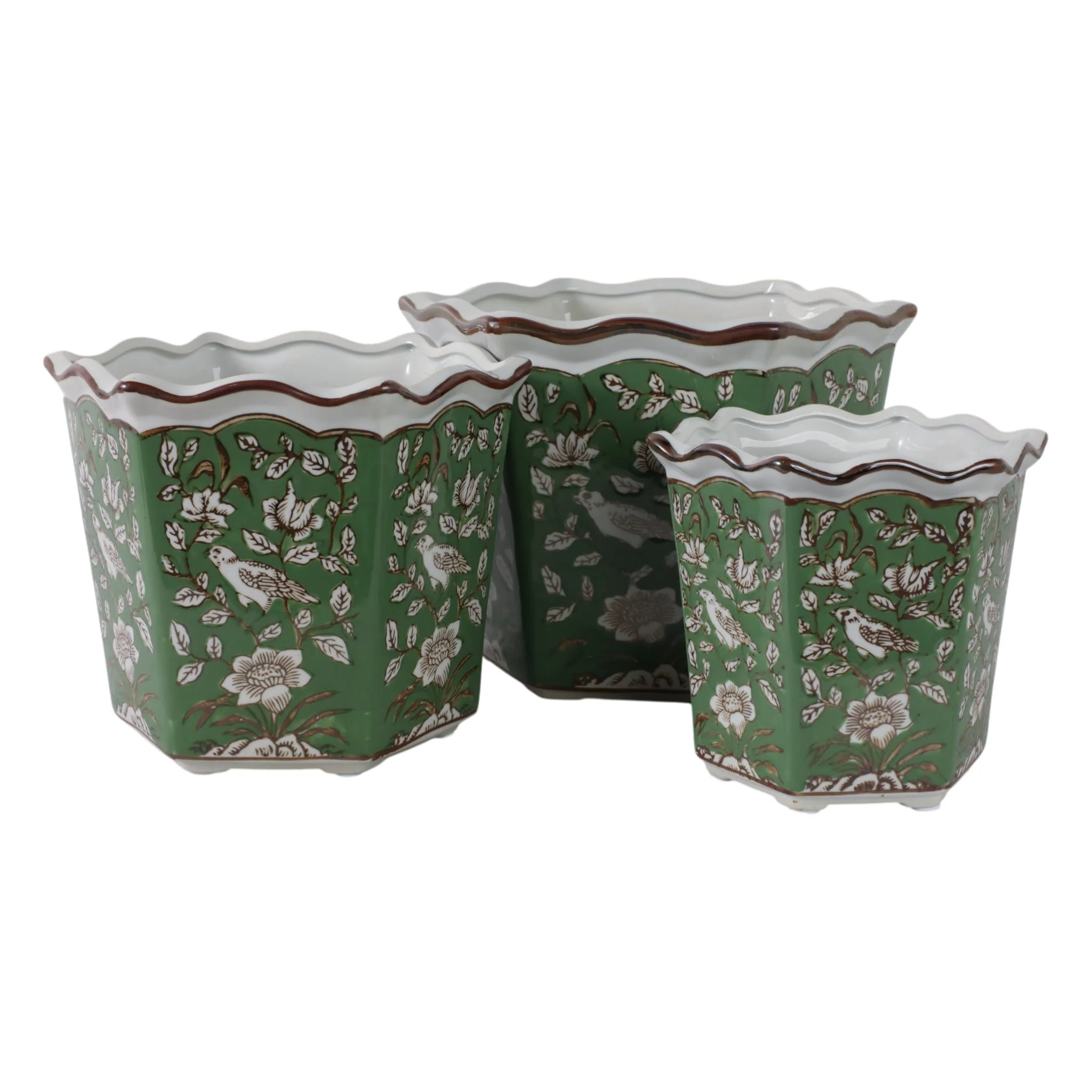 S/3 8/10/12" Chinoiserie Bird Planters, Green/whit - Image 6