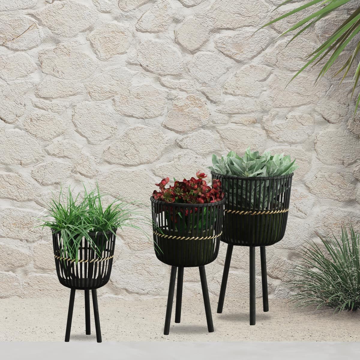 S/3 Bamboo Footed Planters 11/13/15", Black - Image 7