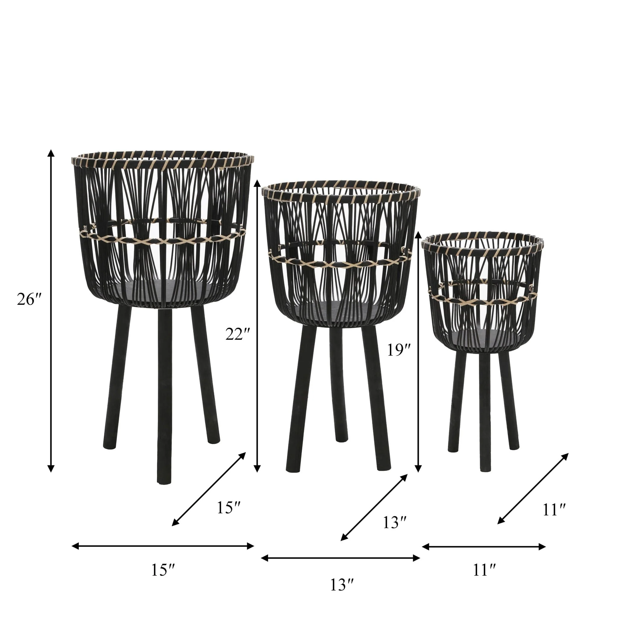 S/3 Bamboo Planters 11/13/15", Black - Image 6