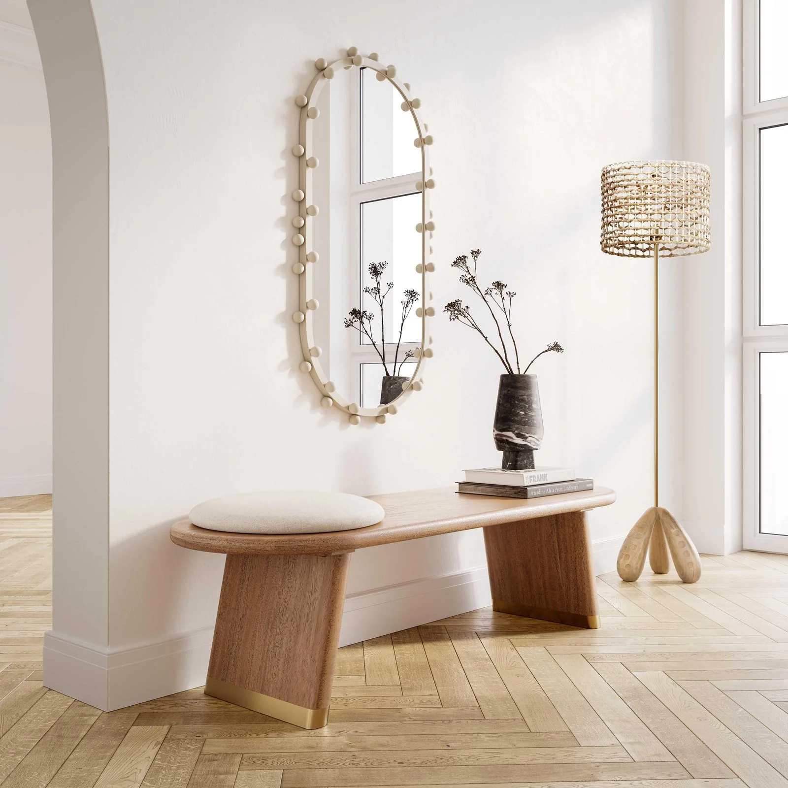 Samantha Cognac Acacia Bench with Boucle Seat - Image 2