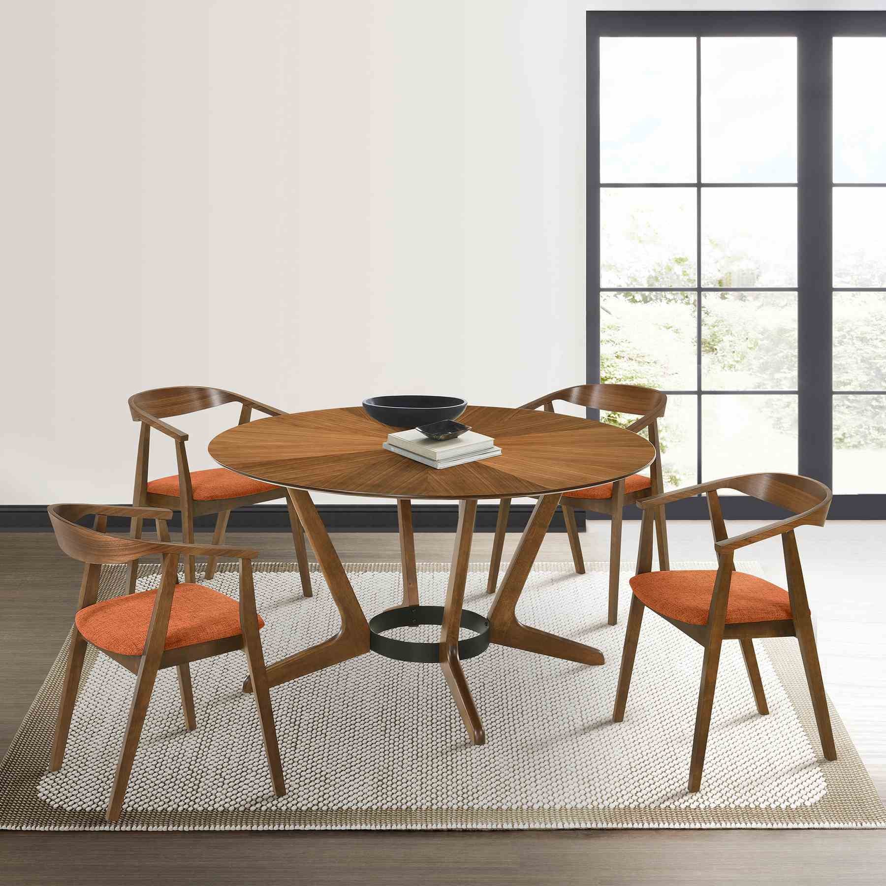 Santana 5 Piece Round Walnut Wood Dining Table Set with Orange Fabric - Image 11