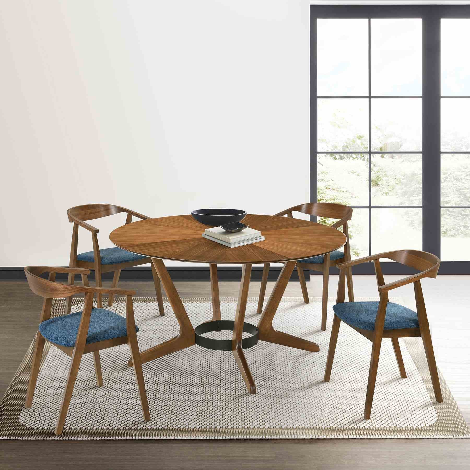 Santana Wood Dining Chair in Walnut Finish with Blue Fabric - Set of 2 - Image 9