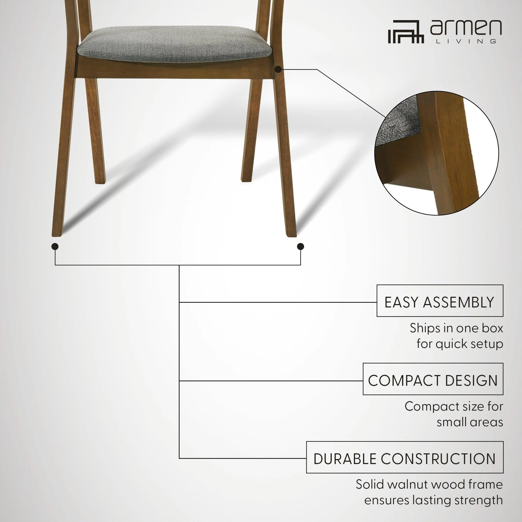 Santana Wood Dining Chair in Walnut Finish with Charcoal Fabric - Set of 2 - Image 11