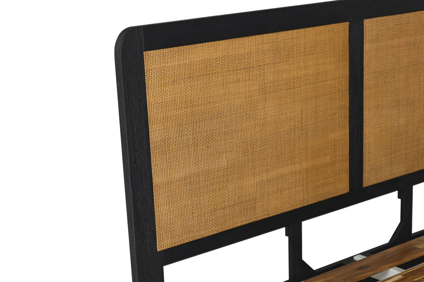Saratoga Queen Platform Frame Bed in Black Acacia with Rattan Headboard - Image 4