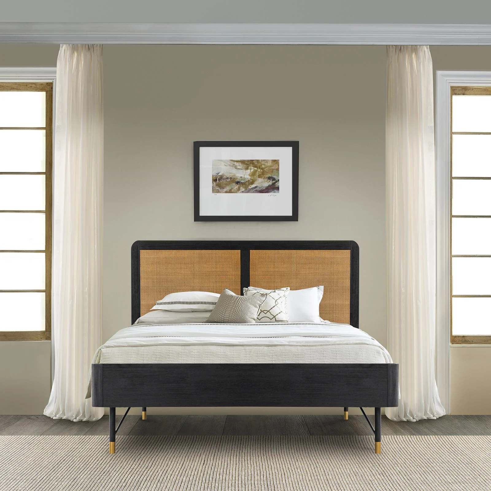 Saratoga Queen Platform Frame Bed in Black Acacia with Rattan Headboard - Image 7