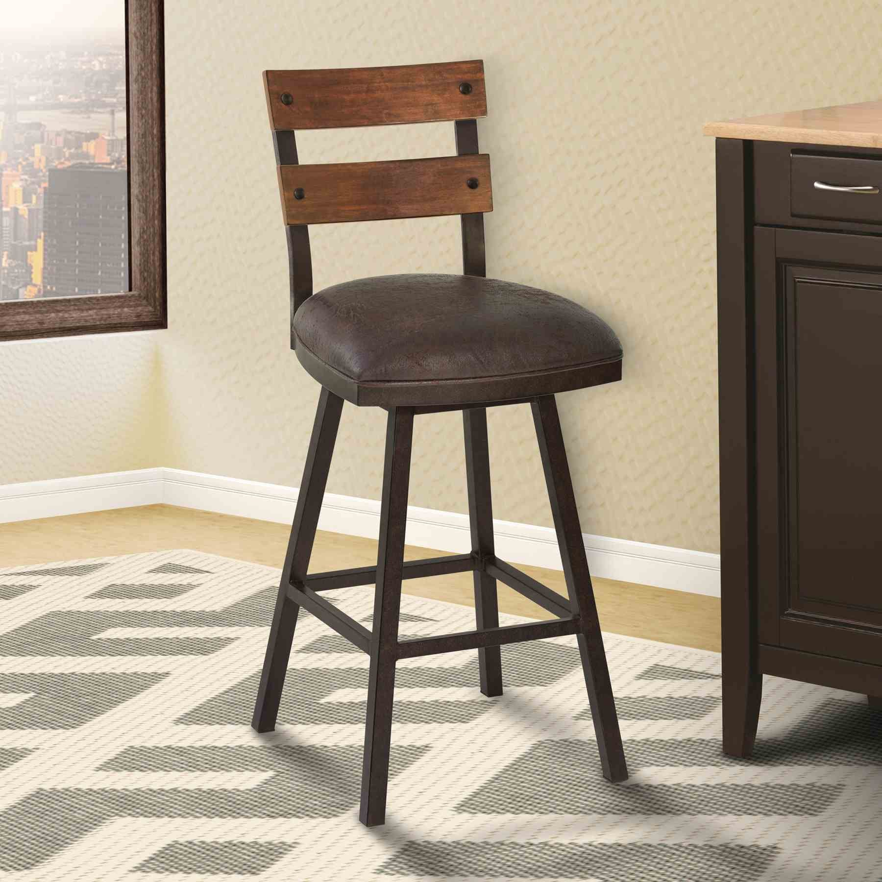 Saugus 30" Bar Height Metal Swivel Barstool in Bandero Espresso Fabric and Auburn Bay Finish with Walnut Wood Back - Image 7
