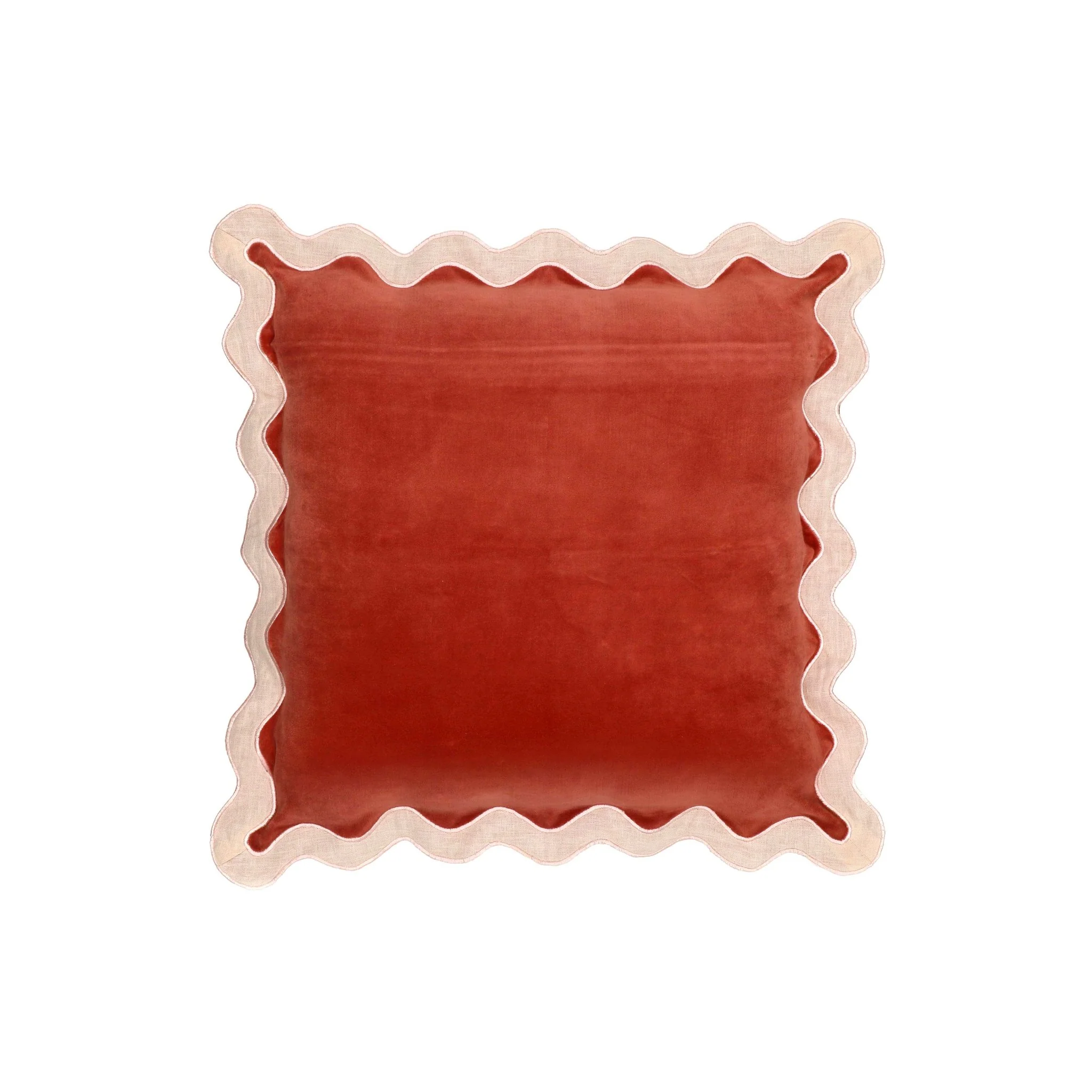 Scalloped Edge Cream and Rust Cotton Velvet Throw Pillow
