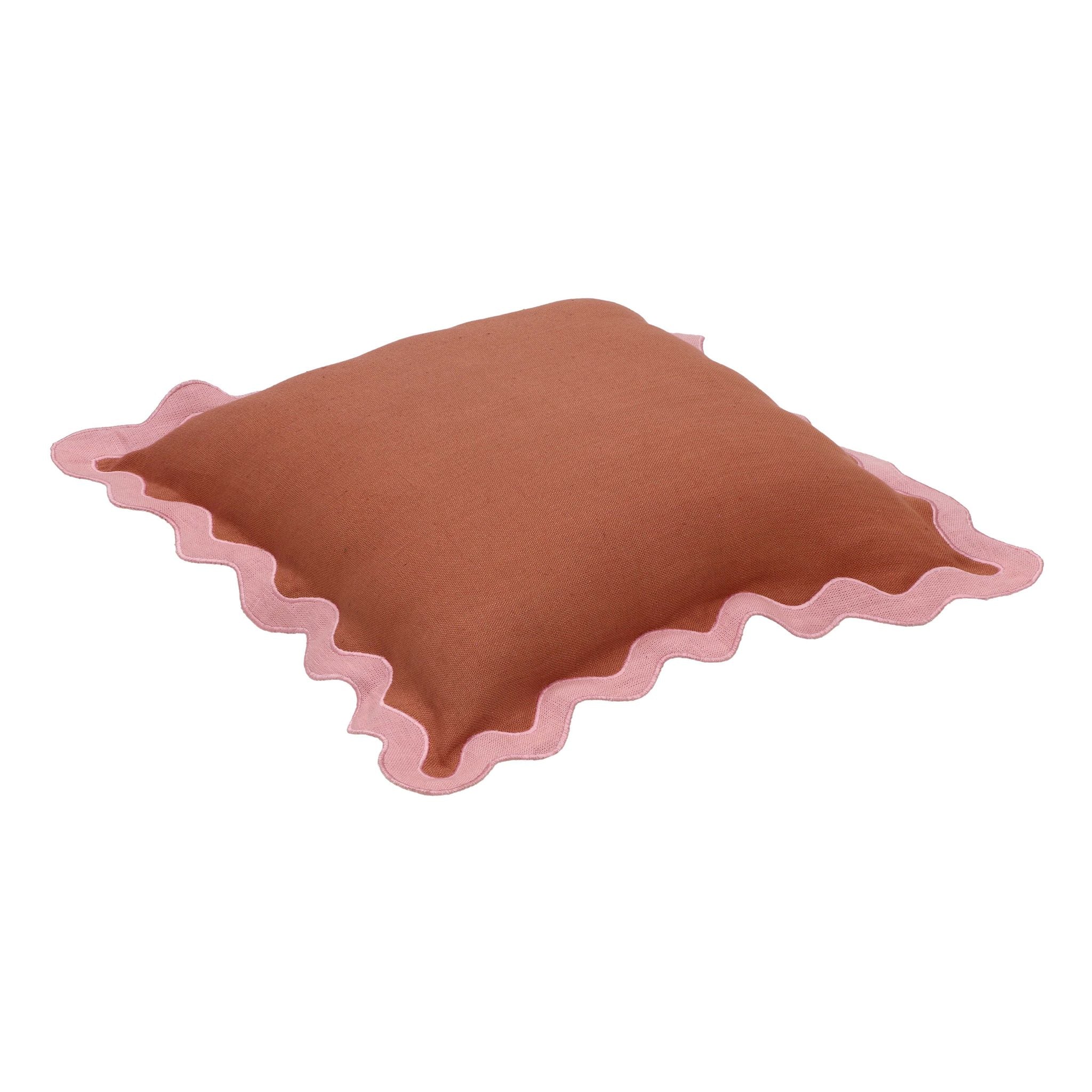 Scalloped Edge Pink and Terracotta Linen Throw Pillow - Image 3
