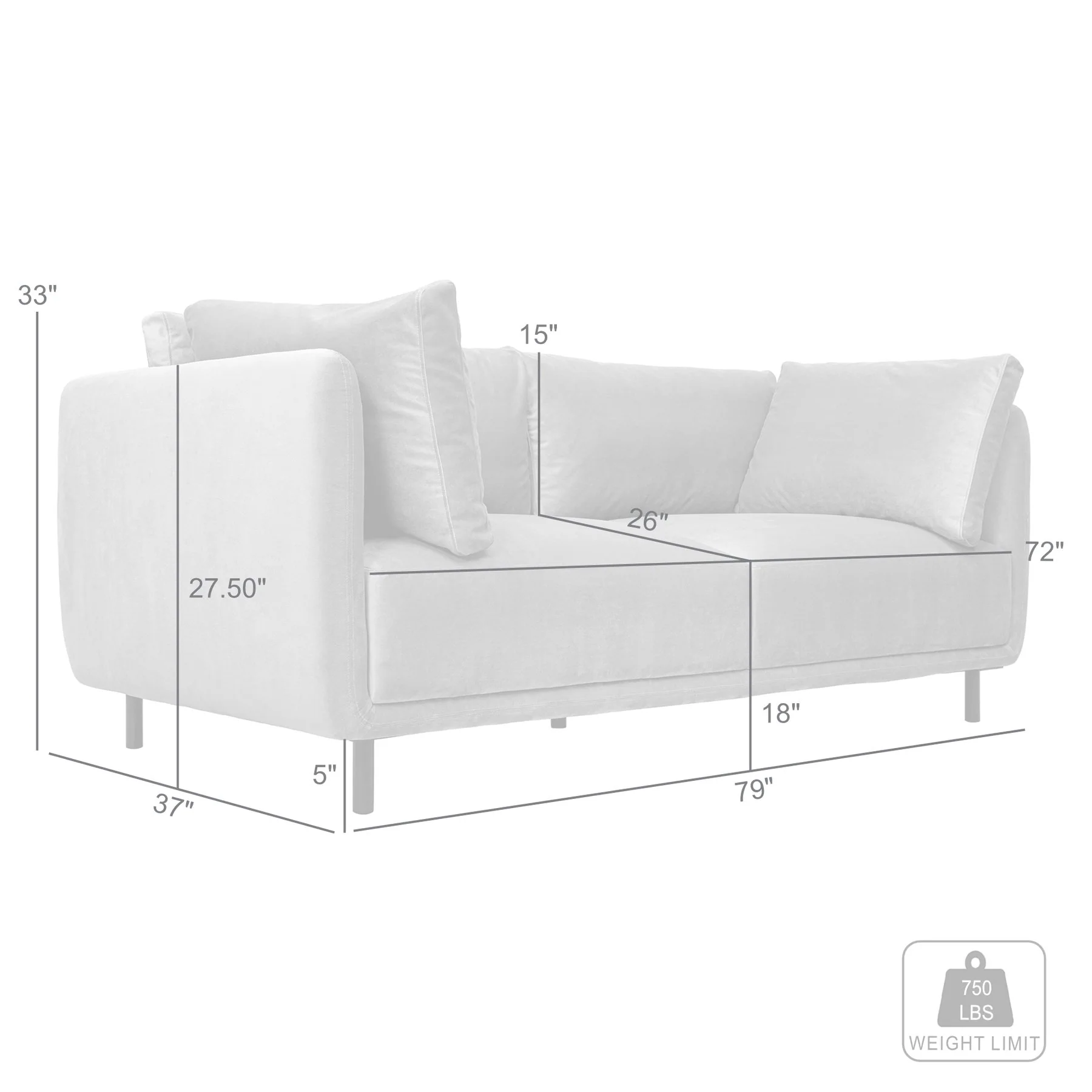 Serenity 79" Fossil Gray Velvet Sofa with Black Metal Legs - Image 8