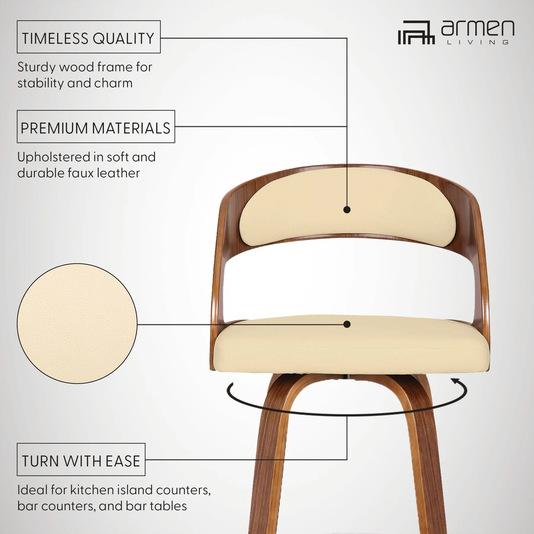 Shelly 30" Bar Height Swivel Cream Faux Leather and Walnut Wood Bar Stool - Image 7