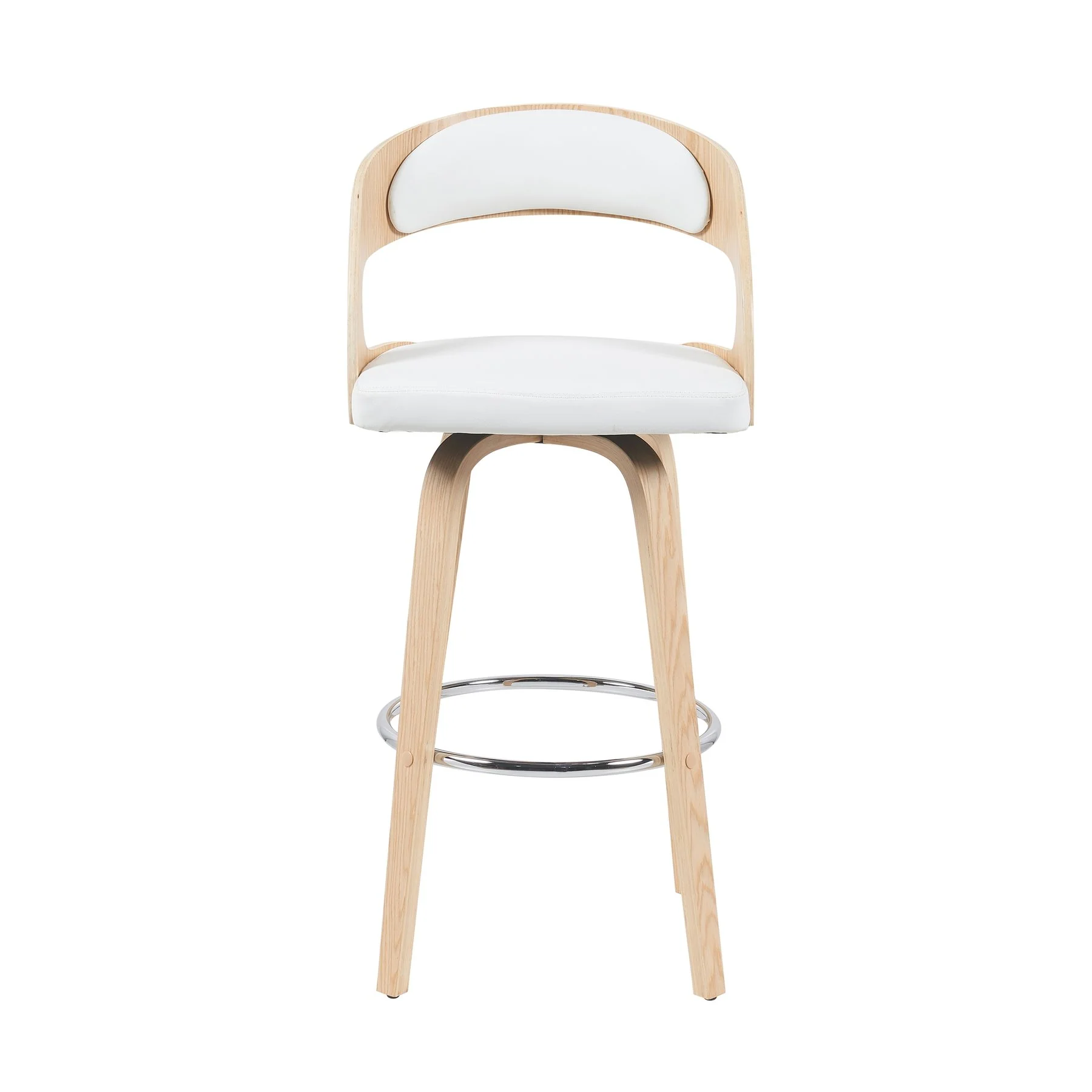 Shelly Modern Bar Height Swivel  Stool in Patterned Oak Finish with White Faux Leather Upholstered Seat - Image 2