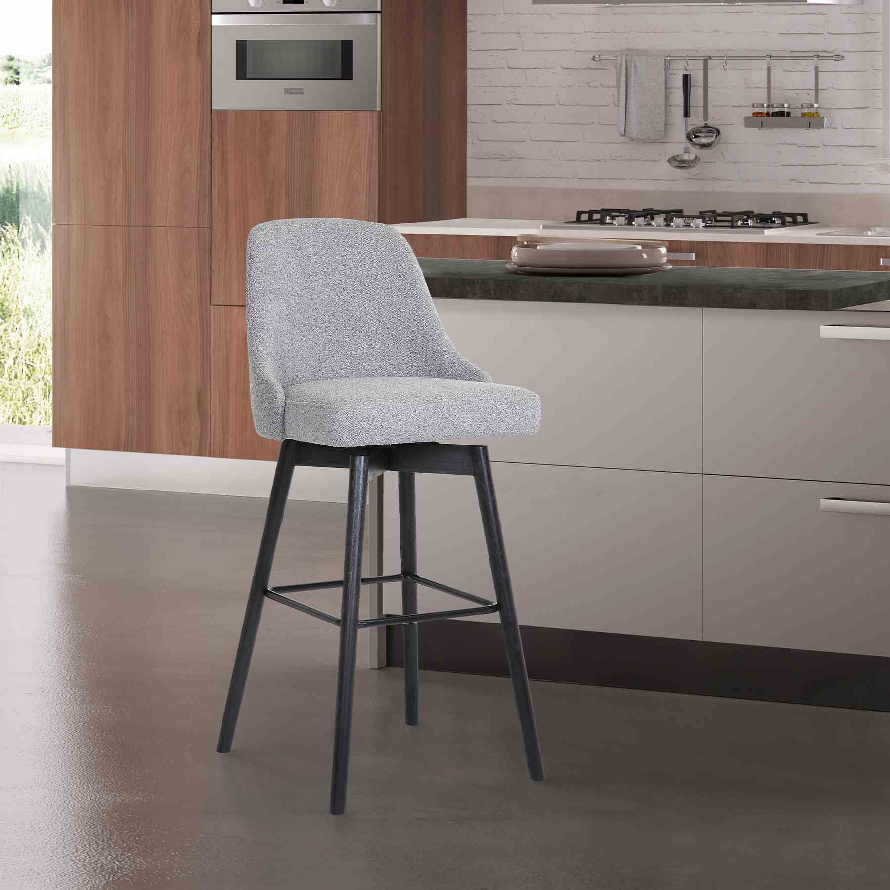 Sicily 30" Swivel Black Wood Bar Stool in Light Gray Fabric - Image 10