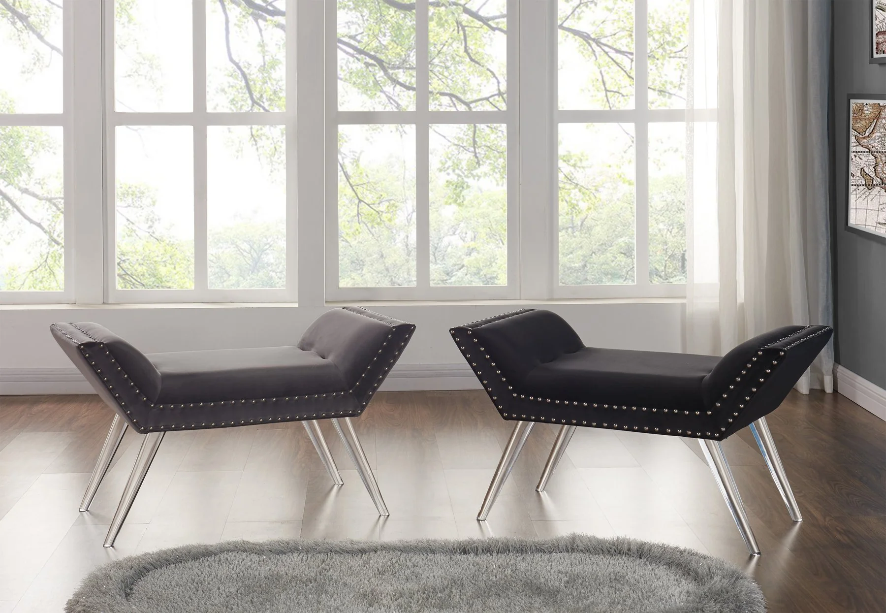 Silas Ottoman Bench in Gray Tufted Velvet with Nailhead Trim and Acrylic Legs - Image 3