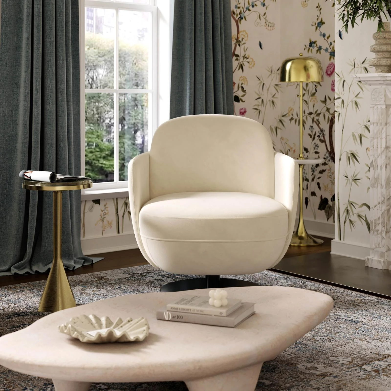 Solange Cream Velvet Swivel Chair - Image 2