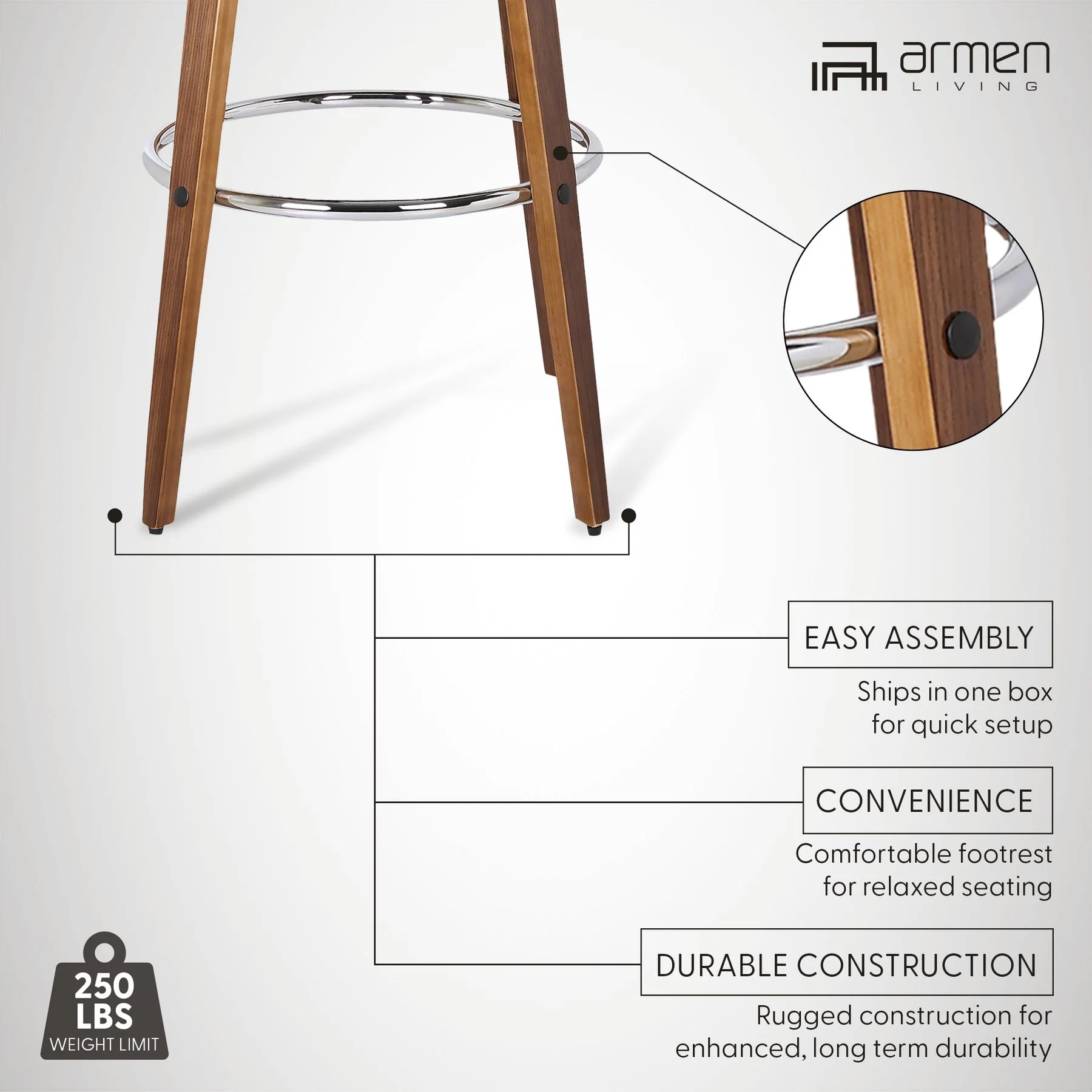Sonia 26" Counter Height Swivel Gray Faux Leather and Walnut Wood Bar Stool - Image 9