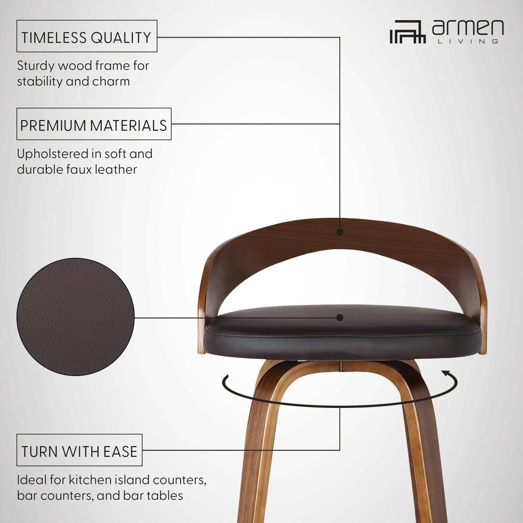Sonia 30" Bar Height Swivel Brown Faux Leather and Walnut Wood Bar Stool - Image 9