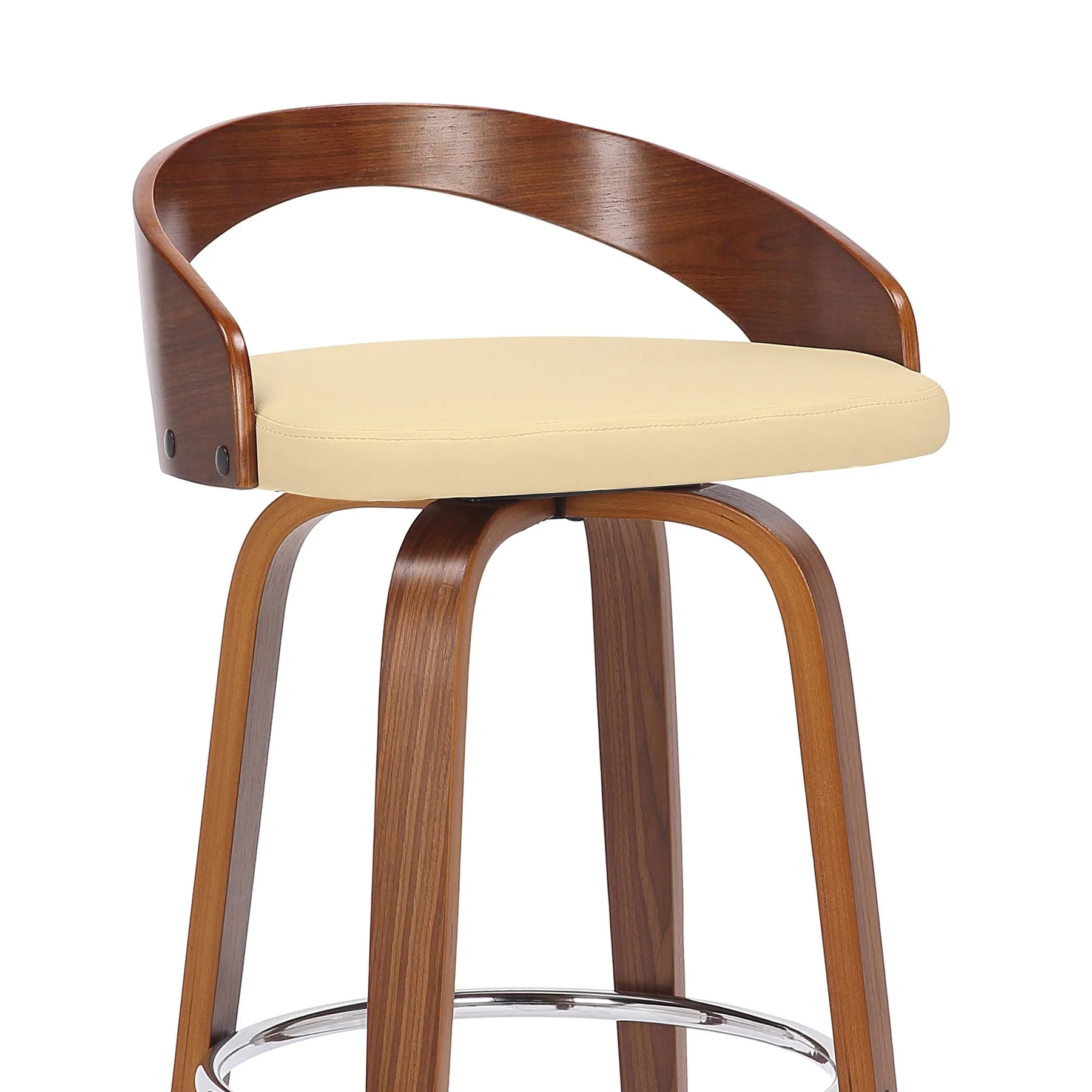 Sonia 30" Bar Height Swivel Cream Faux Leather and Walnut Wood Bar Stool - Image 6