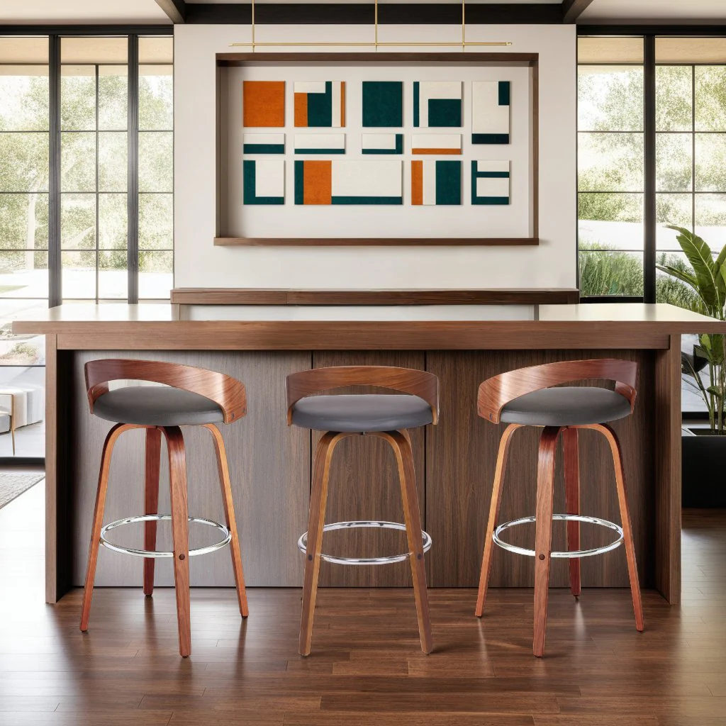 Sonia 30" Bar Height Swivel Gray Faux Leather and Walnut Wood Bar Stool - Image 7