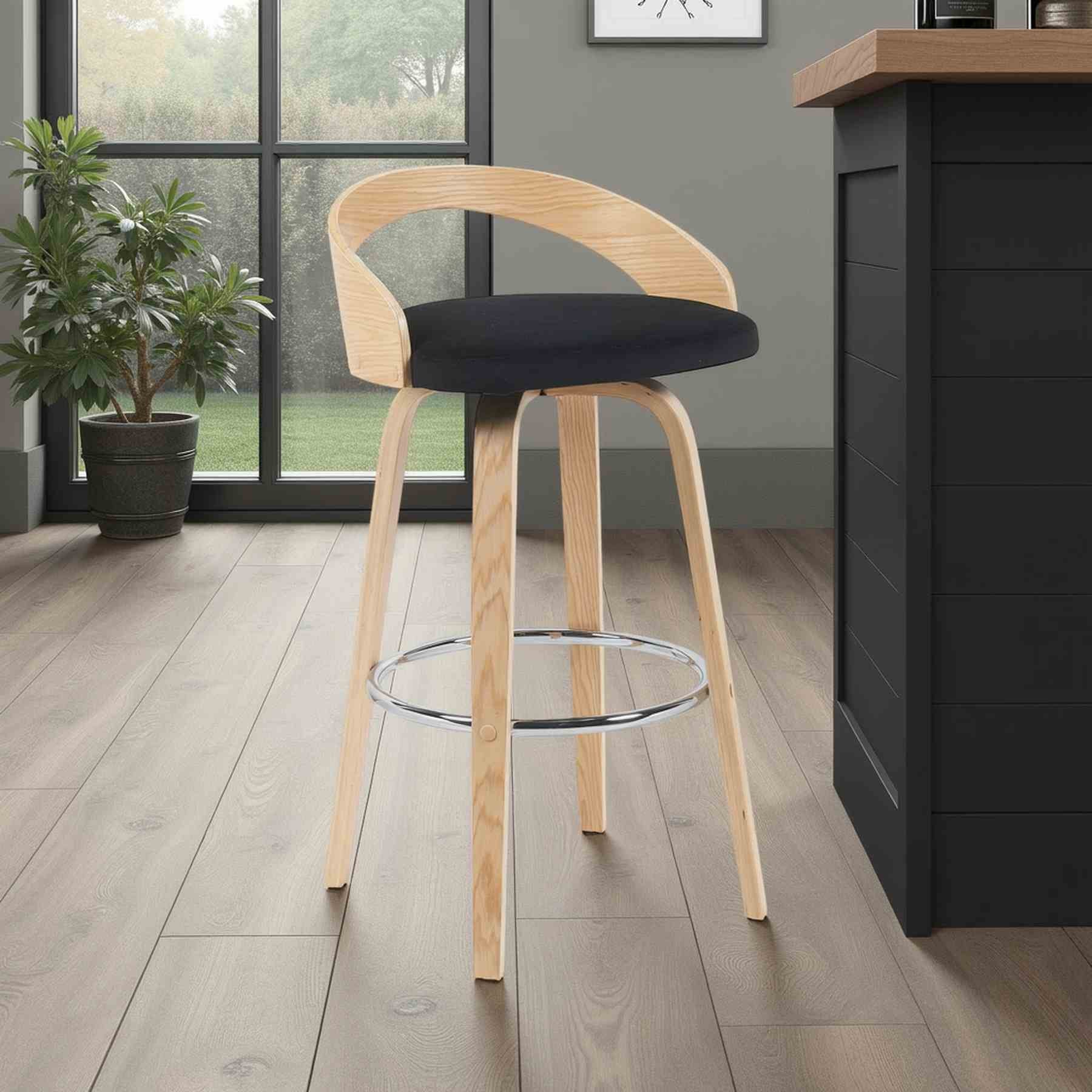 Sonia Modern Swivel Bar Height Stool with Black Upholstered Seat and Patterned Oak Wood Finish - Image 7