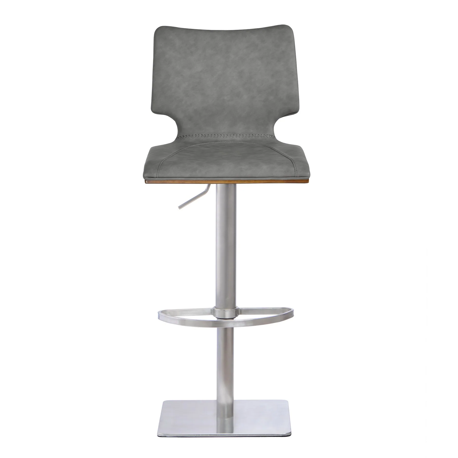 Sydney Adjustable Barstool in Brushed Stainless Steel with Vintage Gray Faux Leather and Walnut Wood Back - Image 2