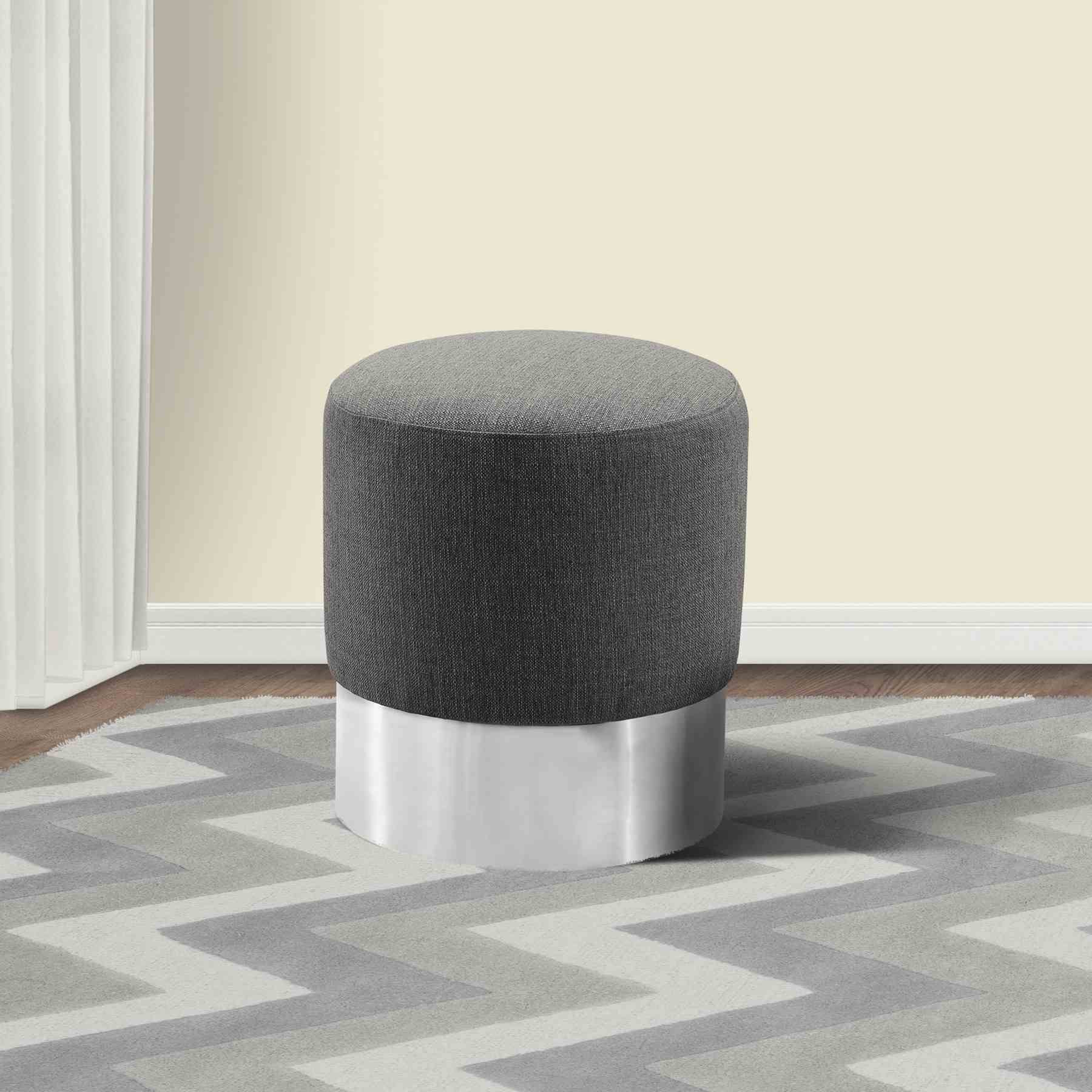 Tabitha Contemporary Round Ottoman in Brushed Stainless Steel with Gray Fabric - Image 2