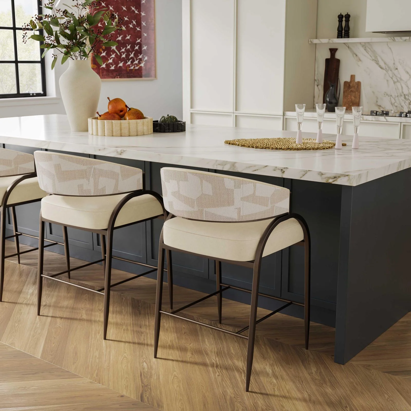 Tatum Cream Vegan Leather and 2-Tone Jacquard Counter Stool - Image 2
