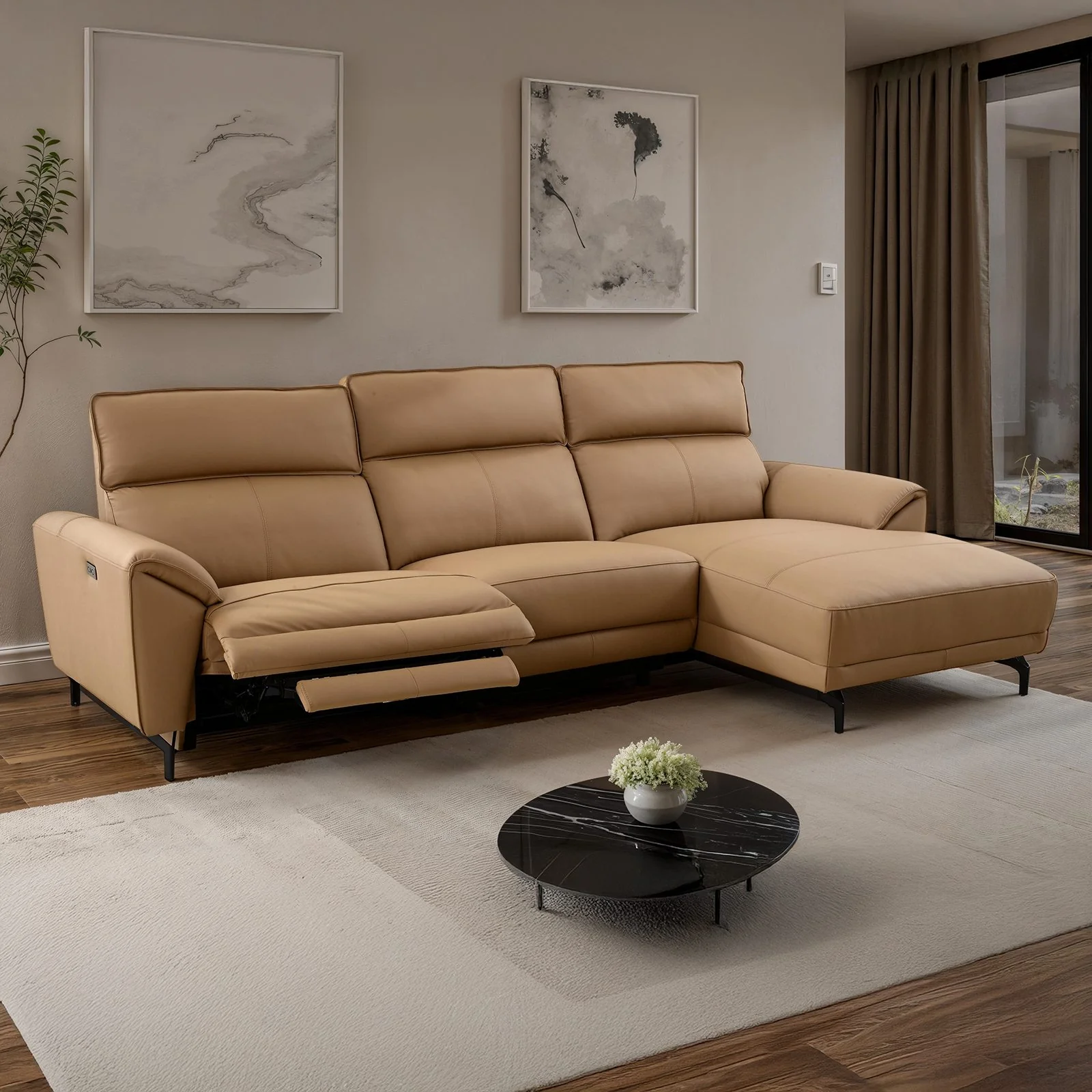 Themis Power Sectional, Right Chaise, Light Brown