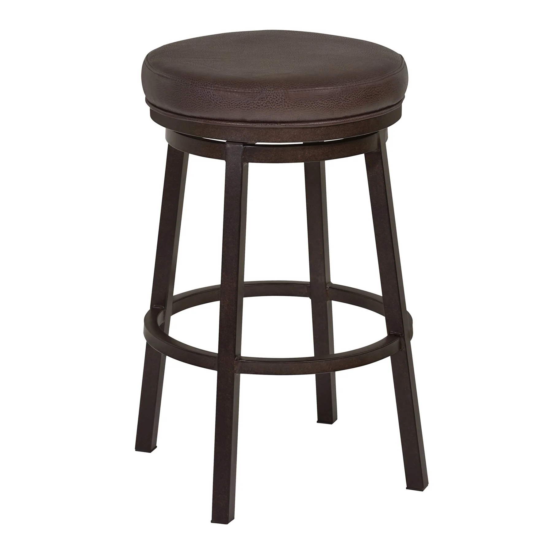 Tilden 26" Counter Height Metal Swivel Backless Barstool in Ford Brown Faux Leather and Auburn Bay Finish