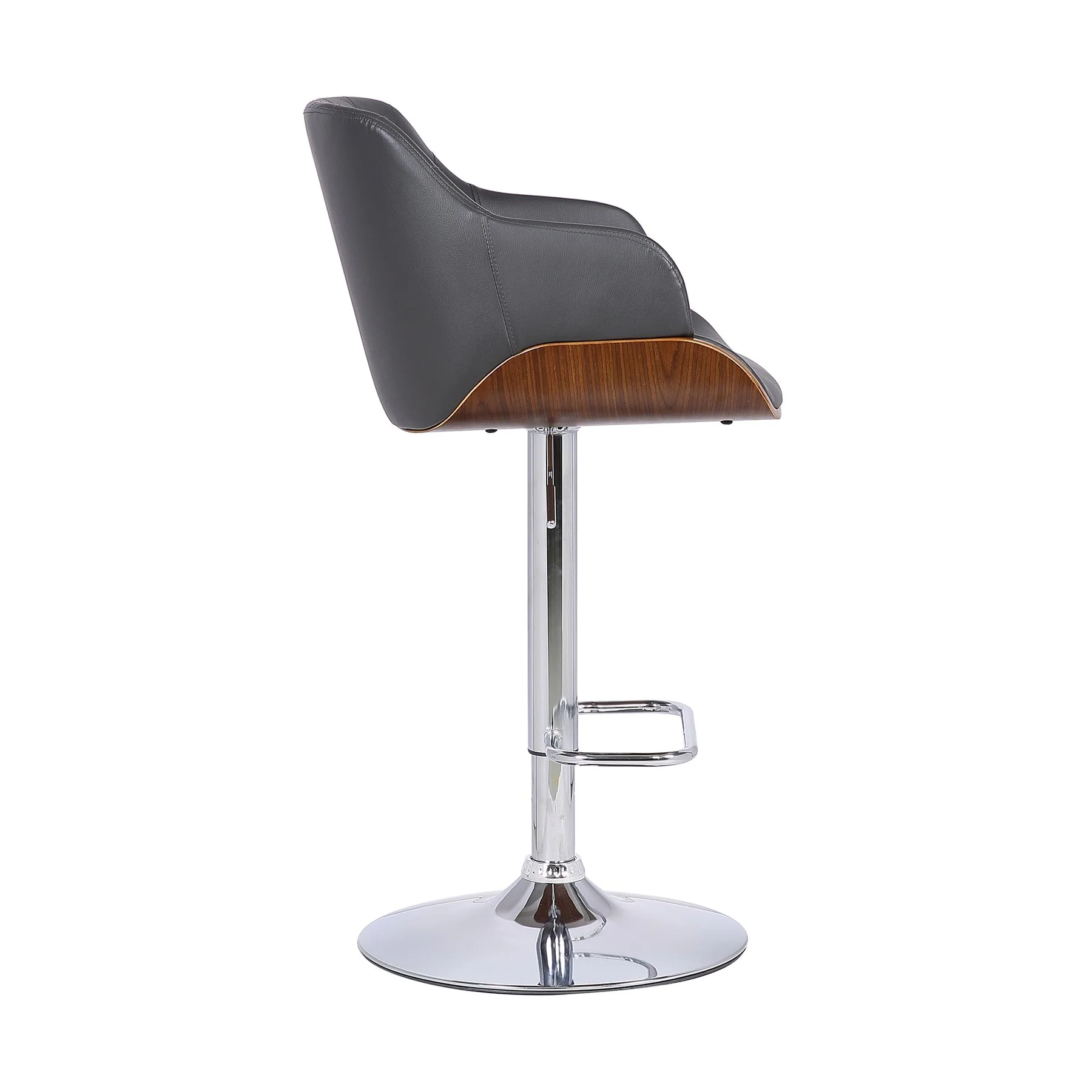 Toby Gray Faux Leather Adjustable Height Swivel Walnut Wood and Chrome Bar Stool - Image 3