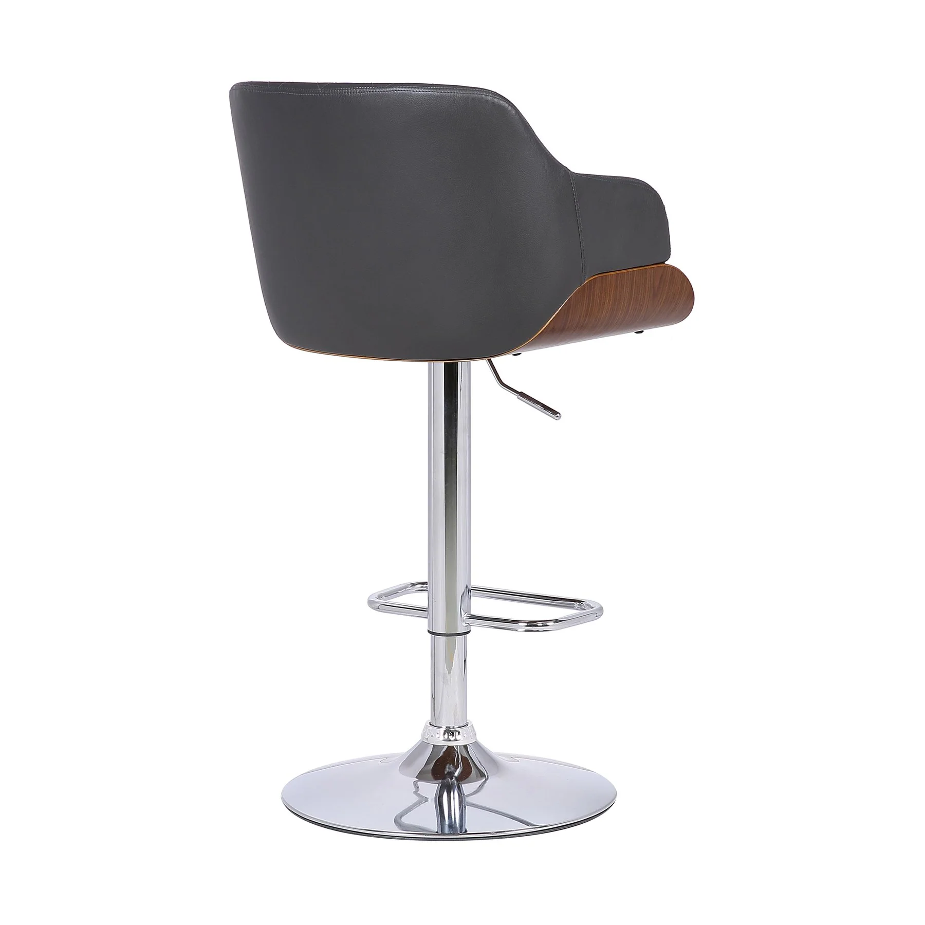 Toby Gray Faux Leather Adjustable Height Swivel Walnut Wood and Chrome Bar Stool - Image 4