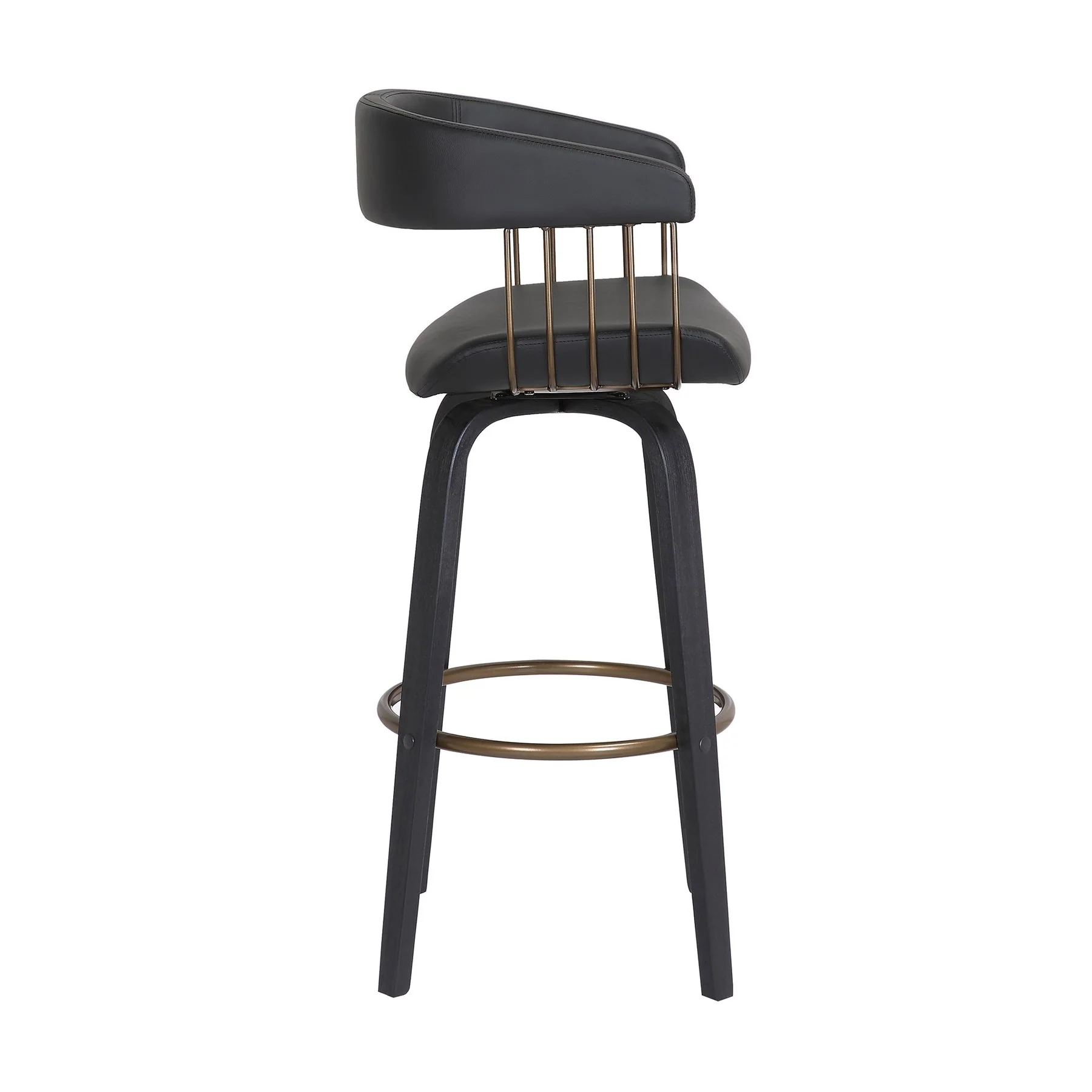 Topanga 26" Swivel Black Wood Counter Stool in Black Faux Leather with Golden Bronze Metal - Image 3