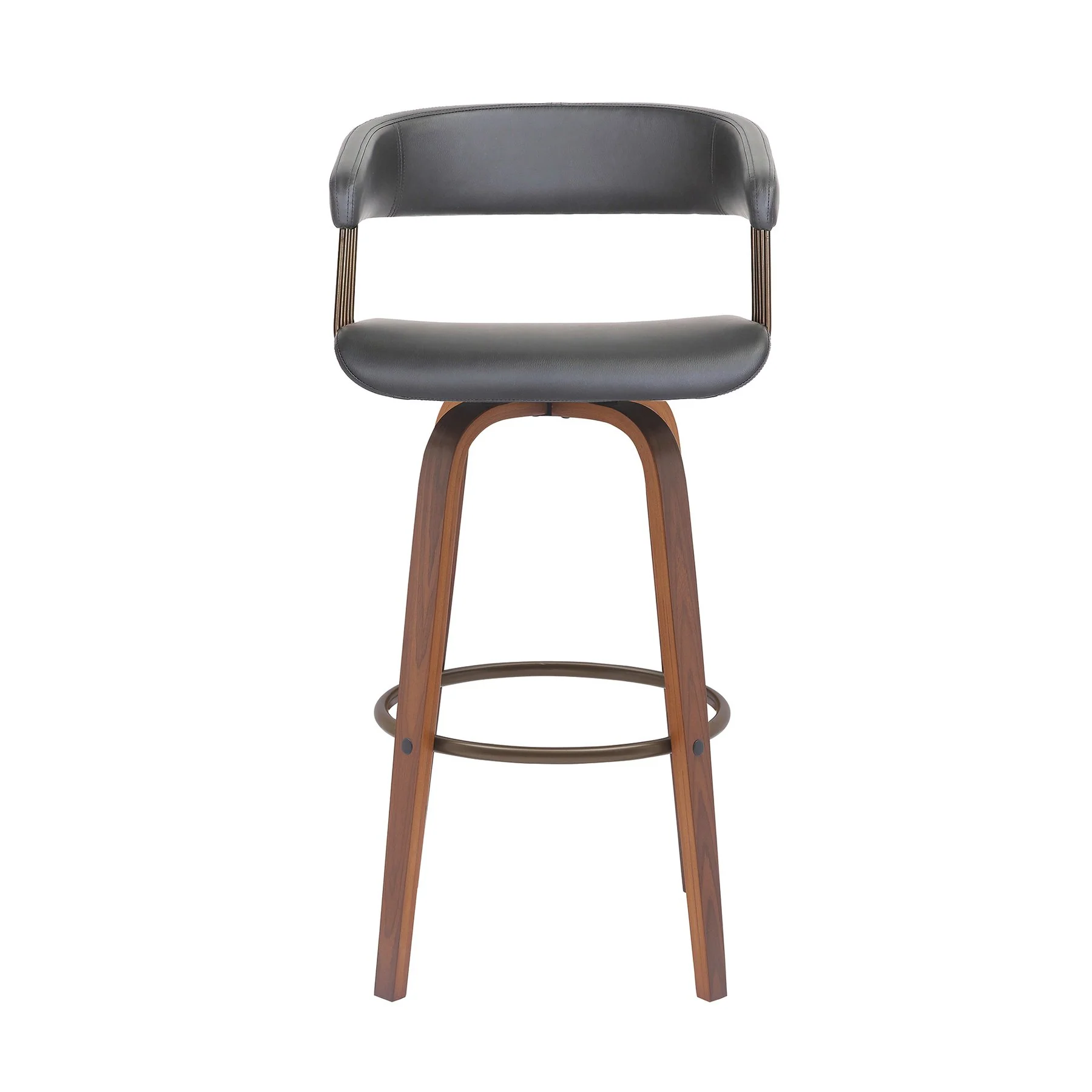 Topanga 26" Swivel Walnut Wood Counter Stool in Gray Faux Leather with Golden Bronze Metal - Image 2