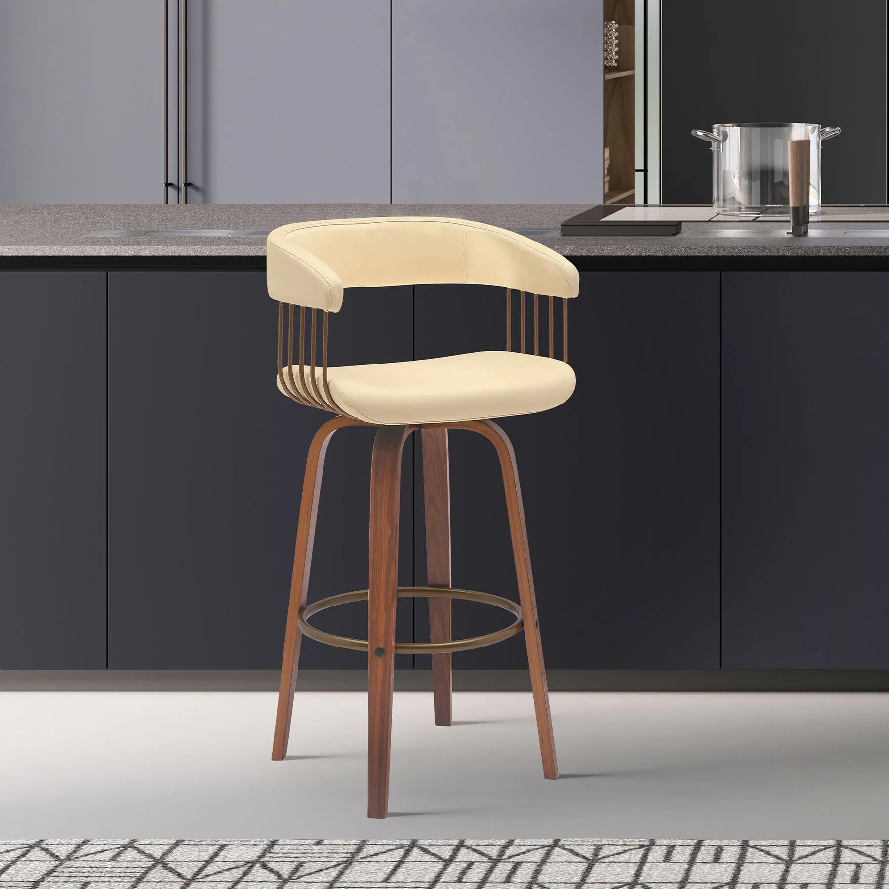 Topanga 30.5" Swivel Walnut Wood Bar Stool in Cream Faux Leather with Golden Bronze Metal - Image 9