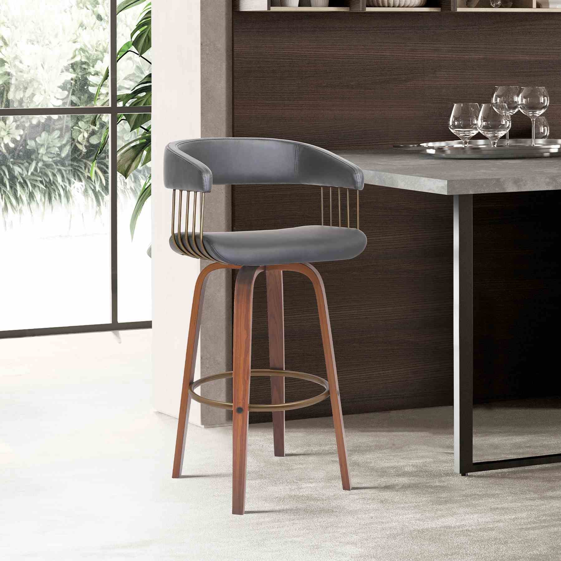 Topanga 30.5" Swivel Walnut Wood Bar Stool in Gray Faux Leather with Golden Bronze Metal - Image 8