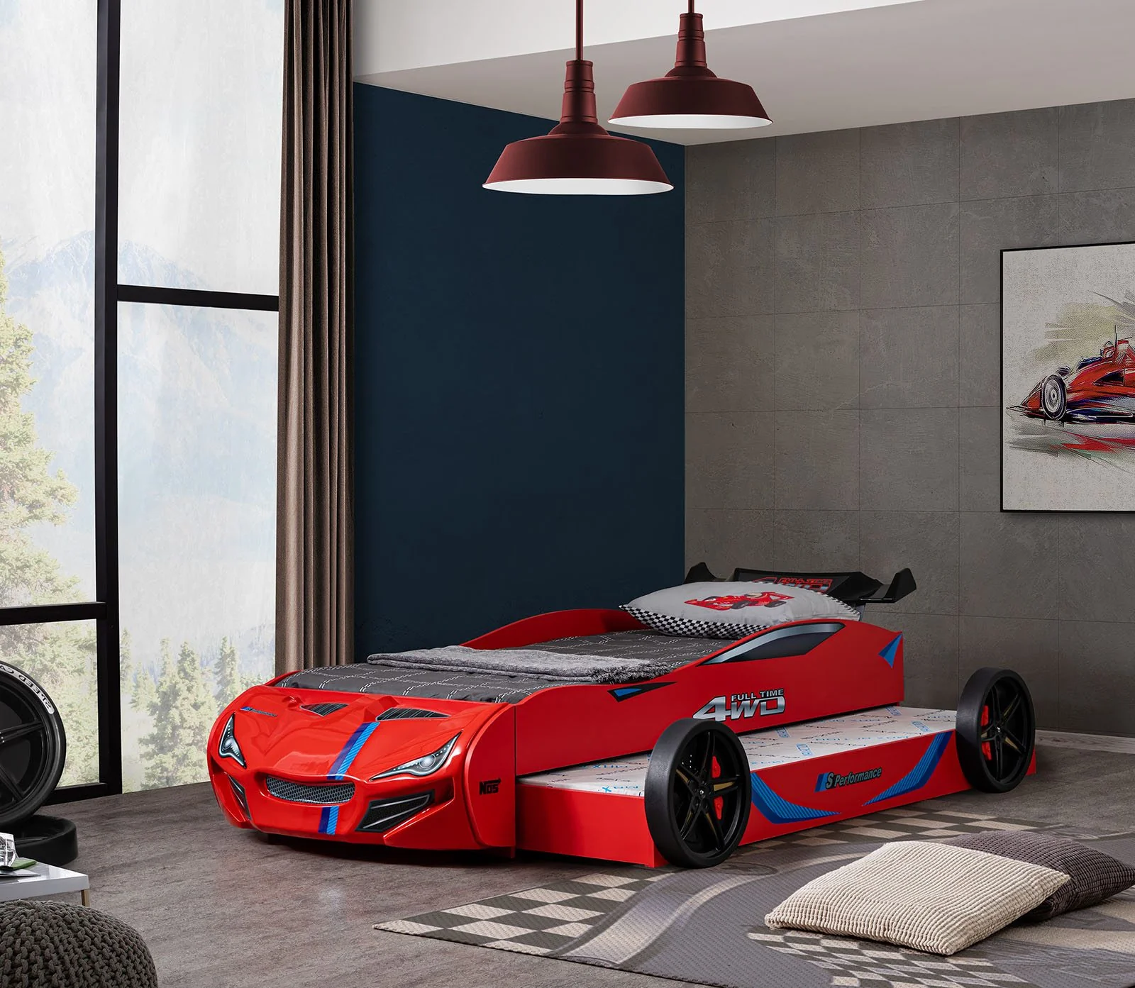 Tracklite Car Bed w/ Trundle, Red