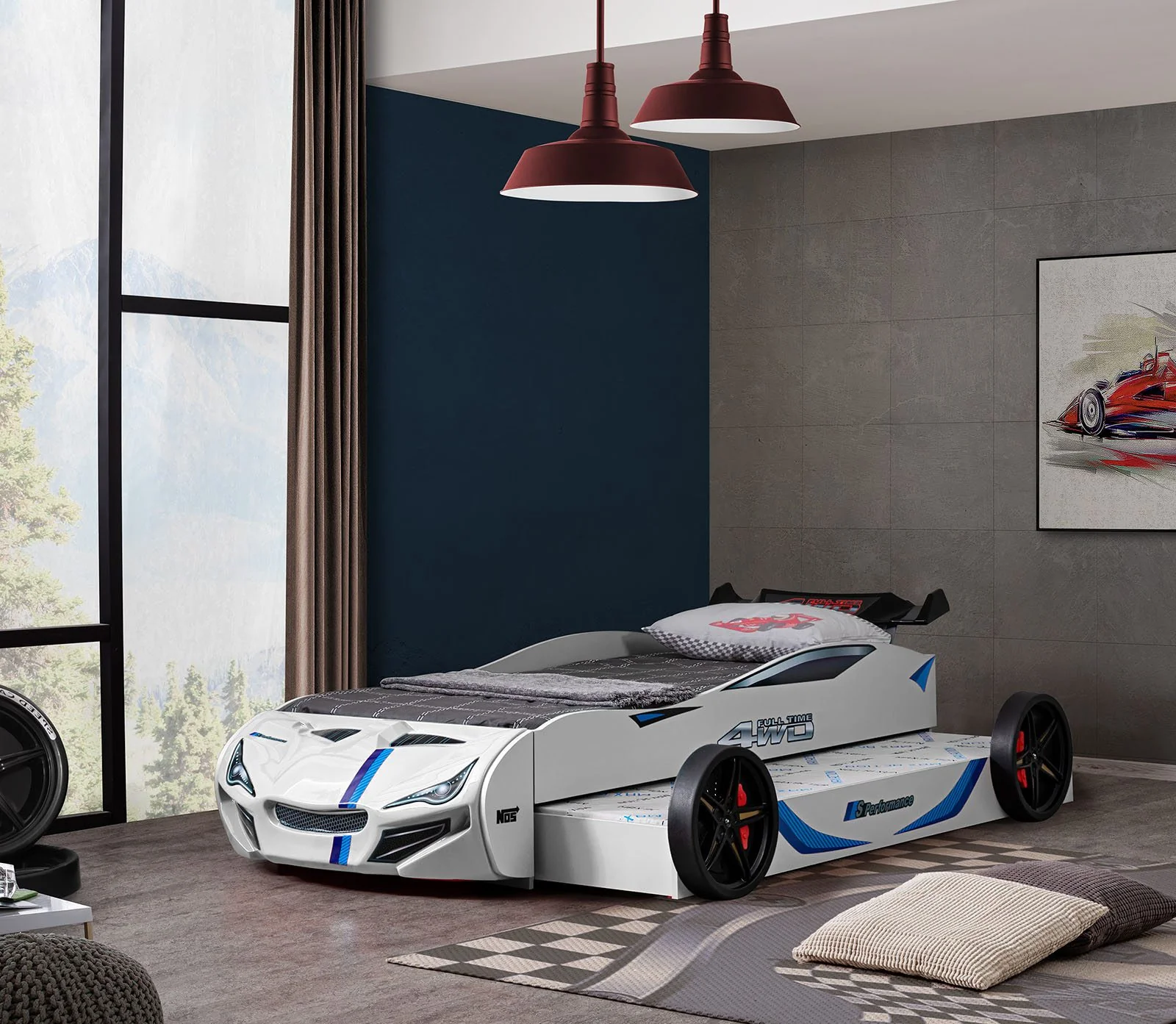 Tracklite Car Bed w/ Trundle, White