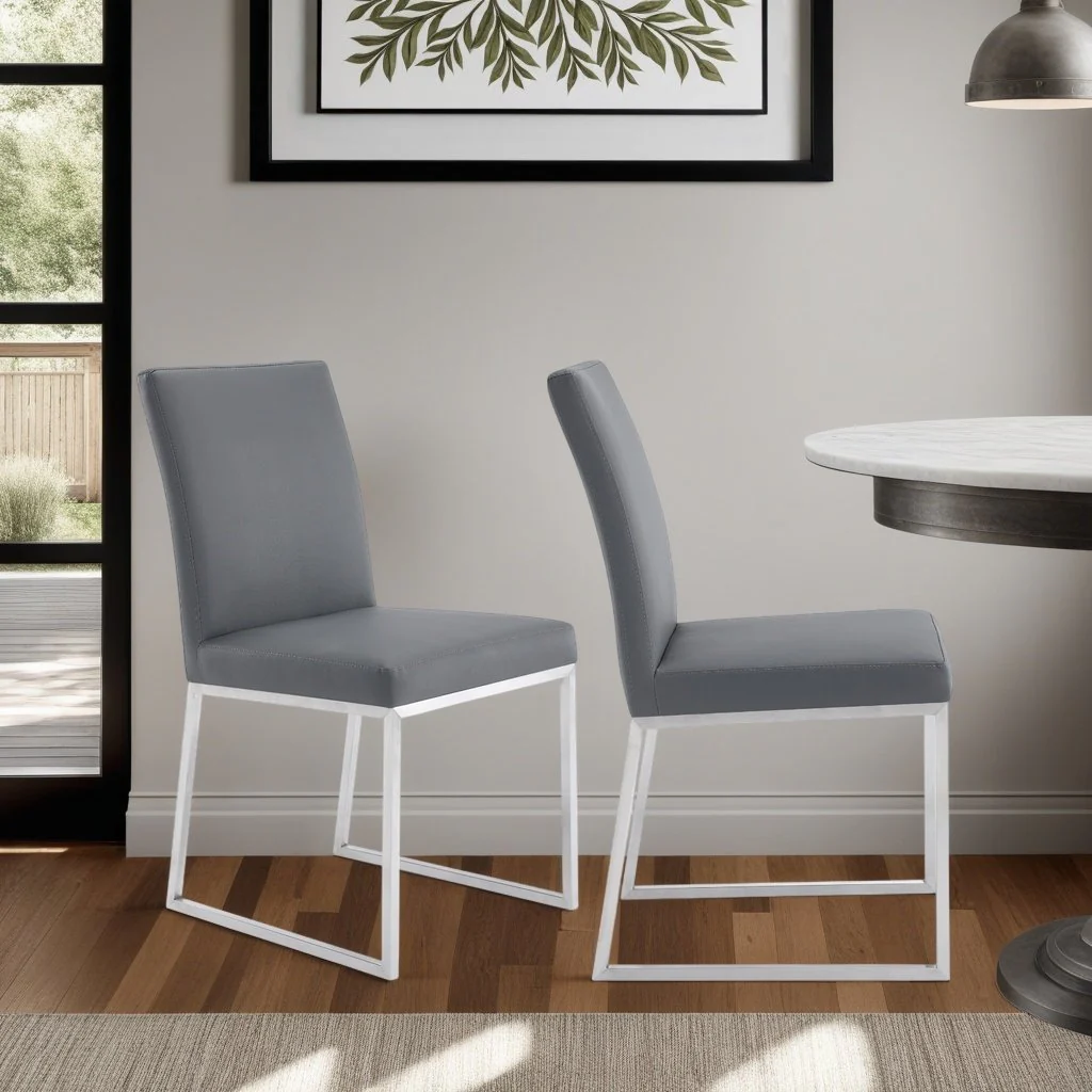 Trevor Contemporary Dining Chair in Brushed Stainless Steel and Gray Faux Leather - Set of 2 - Image 9