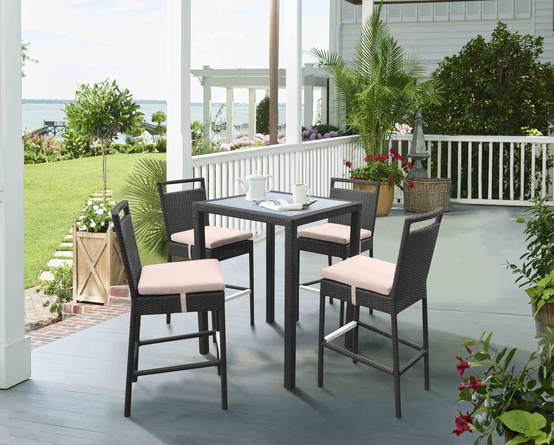Tropez Outdoor Patio Wicker Barstool with Water Resistant Beige Fabric Cushions - Image 9