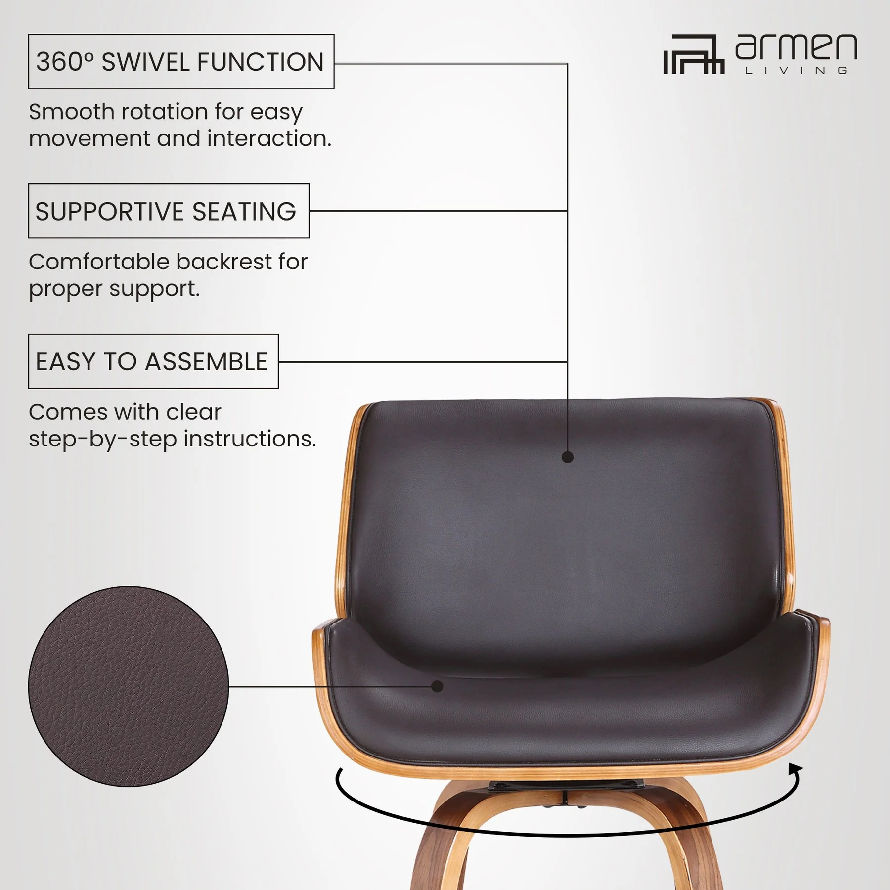 Tyler 30" Bar Height Swivel Brown Faux Leather and Walnut Wood Bar Stool - Image 11