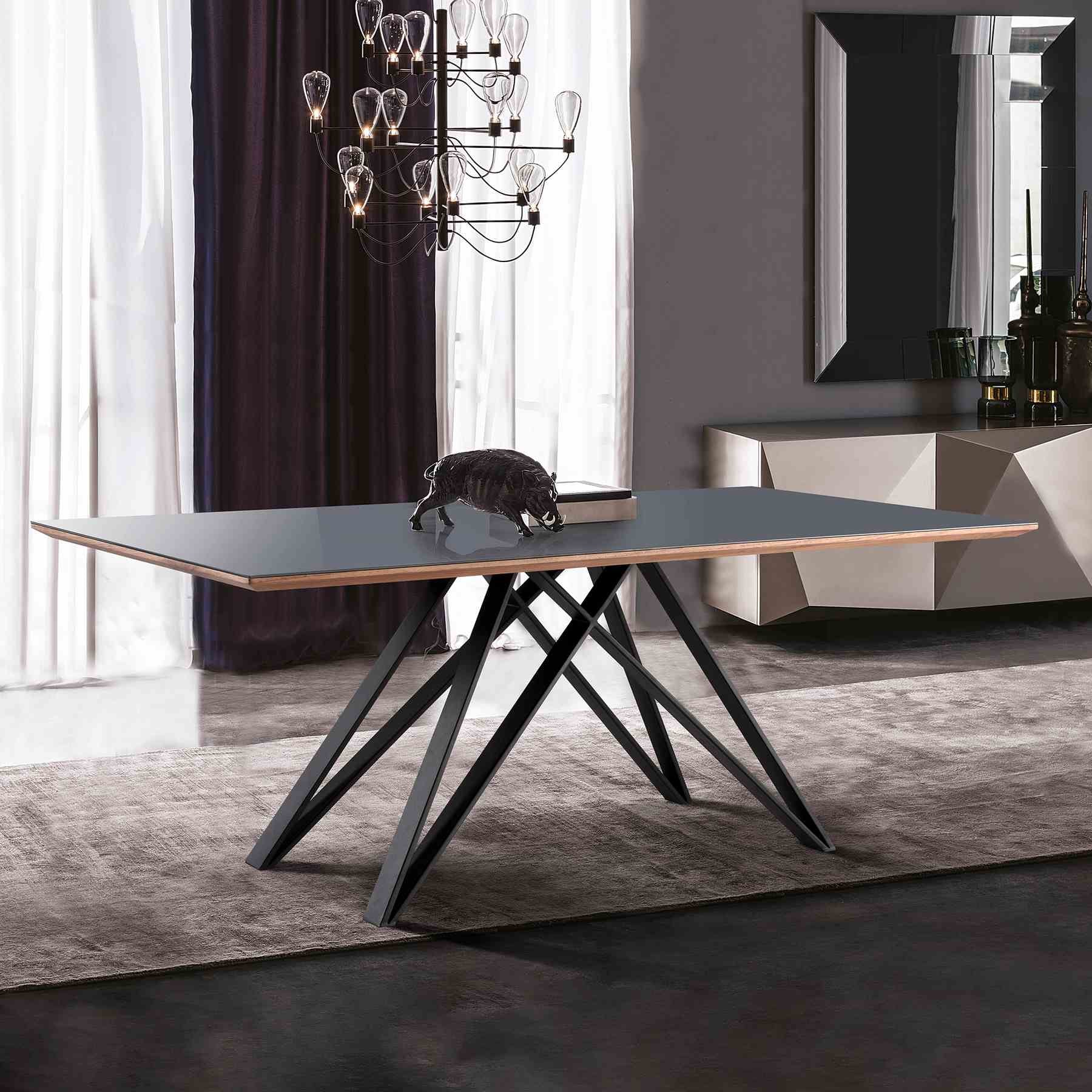 Urbino Mid-Century Dining Table in Matte Black Finish with Walnut and Dark Gray Glass Top - Image 7